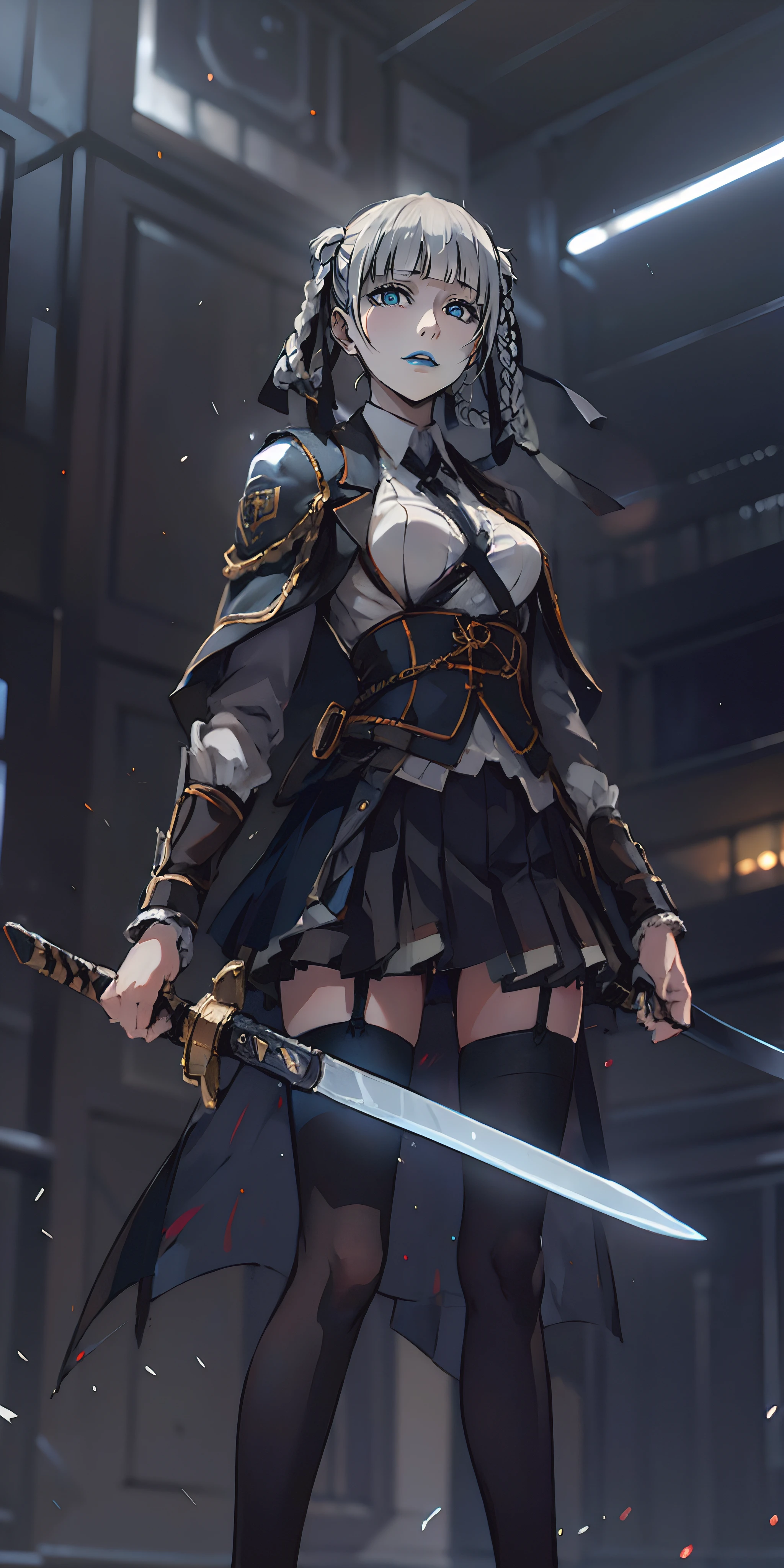 1girl, sword, holding, weapon, solo, gloves, holding_weapon, standing, ((holding_sword)), thighhighs, black_legwear, looking_at_viewer, outdoors, long_sleeves, breasts, wide_sleeves, garter_straps, dual_wielding, coat, medium_breasts, night, black_capelet, white_jacket, blurry_background, black_shirt, black_skirt, open_coat, short_shorts, shorts, "glow effects, godrays, Hand drawn, render, 8k, octane render, cinema 4d, blender, dark, atmospheric 4k ultra detailed, cinematic, Sharp focus, big depth of field, Masterpiece, colors, 3d octane render, 4k, concept art, trending on artstation, hyperrealistic, Vivid colors, extremely detailed CG unity 8k wallpaper, trending on CGSociety, Intricate, High Detail, dramatic", anime coloring, anime screencap, sweating, steaming body, fog