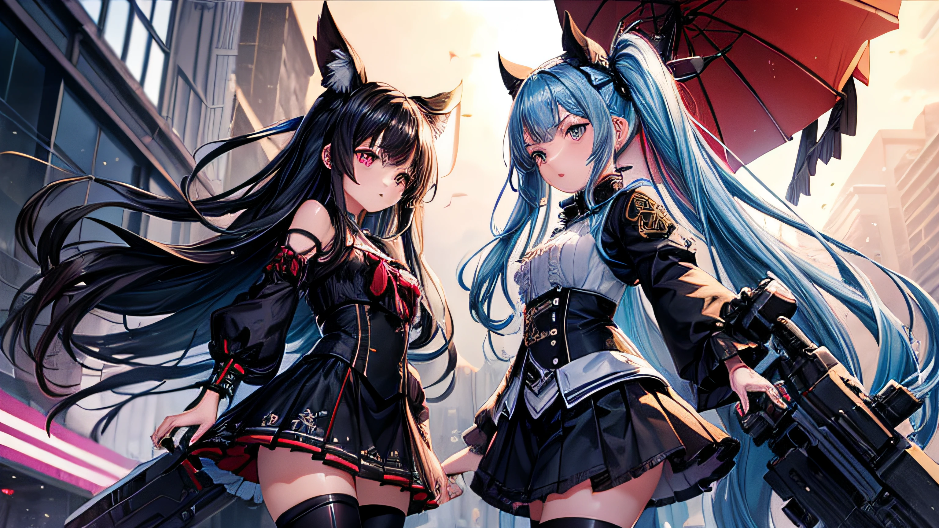 dois personagens de anime em uma rua da cidade, Crotchet cena mal-humorada, desespero esmagador, menina insanidade convocar sua morte, Imagens de cutscene, visual novel cg |, belo caos escuro, de um Dia dos Namorados Ramletal, menina bruxa mecanizada, Do videogame Azur Lane, Preto - Mago Cabelo, cutscene, Yoshimi against the evil robots, Crotchet Black Rock Shooter is a Japanese media franchise based on the characters created by illustrator Ryohei Fuke, a.k.a. Huke. It revolves around its namesake character, uma misteriosa garota de cabelos negros com olhos azuis ardentes.