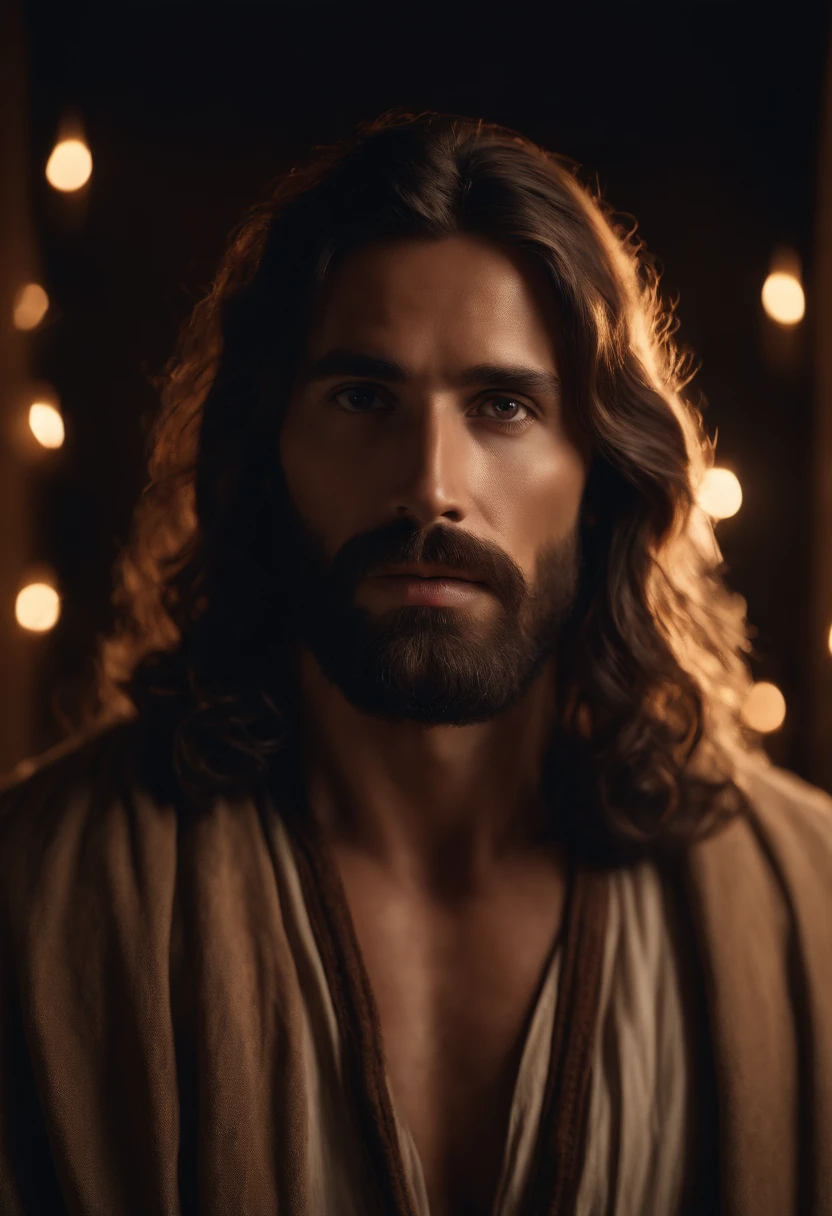 jesus christ, male, bearded, long hair, brown hair, brown eyes, centered face, sunset, portrait, face, beautiful, perfect composition, beautiful detailed intricate insanely detailed octane rendering trend in art season, fine art photography 8k, photorealistic concept art, soft natural volumetric perfect light, chiaroscuro, award-winning photography, masterpiece