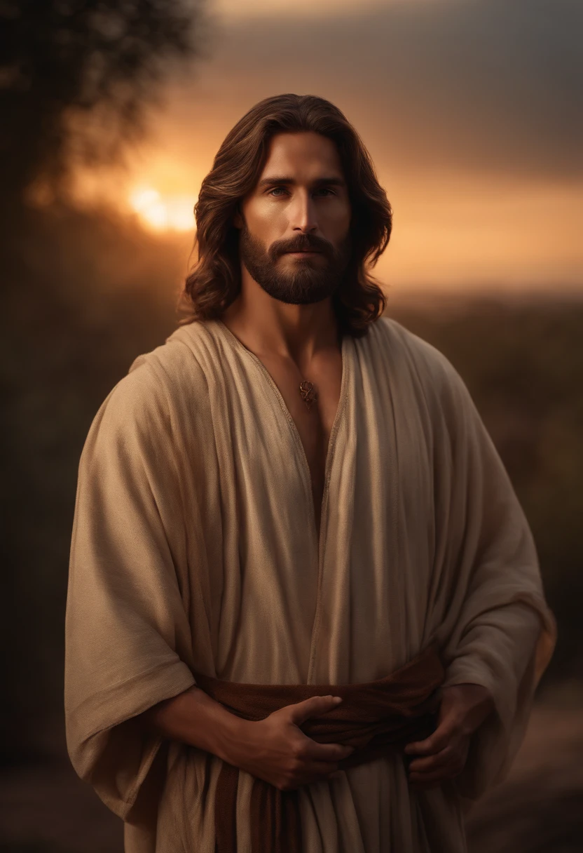 jesus christ, male, bearded, long hair, brown hair, brown eyes, centered face, sunset, portrait, face, beautiful, perfect composition, beautiful detailed intricate insanely detailed octane rendering trend in art season, fine art photography 8k, photorealistic concept art, soft natural volumetric perfect light, chiaroscuro, award-winning photography, masterpiece