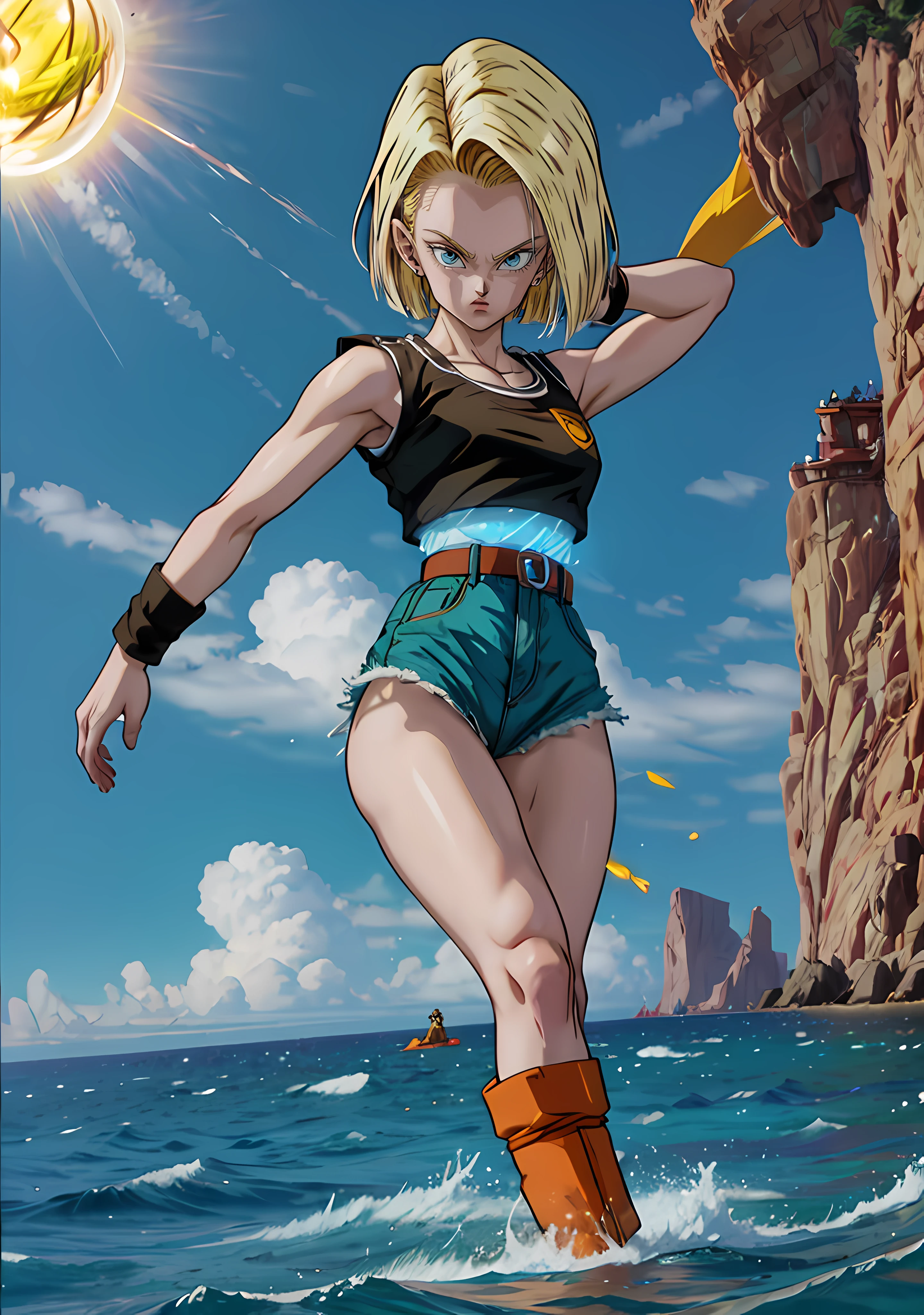 dbz, android 18, charging energy, floating above water, blue aura, high res, cliffs in background, people in the background