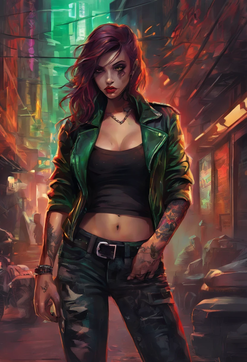 (realistic:1.37),sexy,dark hair, emerald green eyes, a couple tattoos, leather jacket,1girl,beautiful detailed eyes,beautiful detailed lips,vivid colors,dramatic lighting,colored hair,high heels,confident pose,fierce expression,long legs,edgy background,urban setting,city lights,nighttime scenery,graffiti-covered walls,striking contrast,bold shadows,seductive atmosphere,distinctive tattoo,