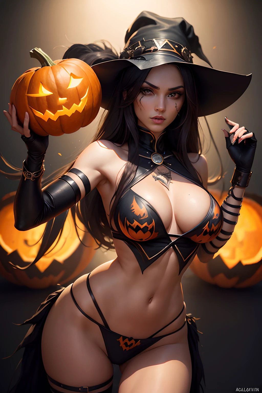 realistic akali ,with sexy helloween costume, holding pumpkin, 8k resolution, (best quality: 1.1), (anatomically correct: 1.1), (perfect hand: 1.1 ), ( (Facial Detail: 1.3)), (Skin Detail), (Perfect Eyes), (Perfect Nose), (perfect hand fingers)