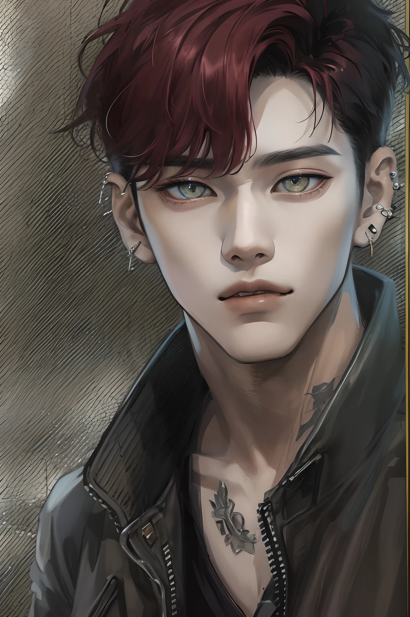 Absurdres masterpiece HDR high quality picture of a Korean boy in sharp HD graphics, with his piercing amber eyes and chiseled jawline, wearing a stylish, modern outfit that accentuates his lean physique. His short K-pop hair is styled in a contemporary way, giving him an air of confidence and charm as he stands against a beautiful backdrop