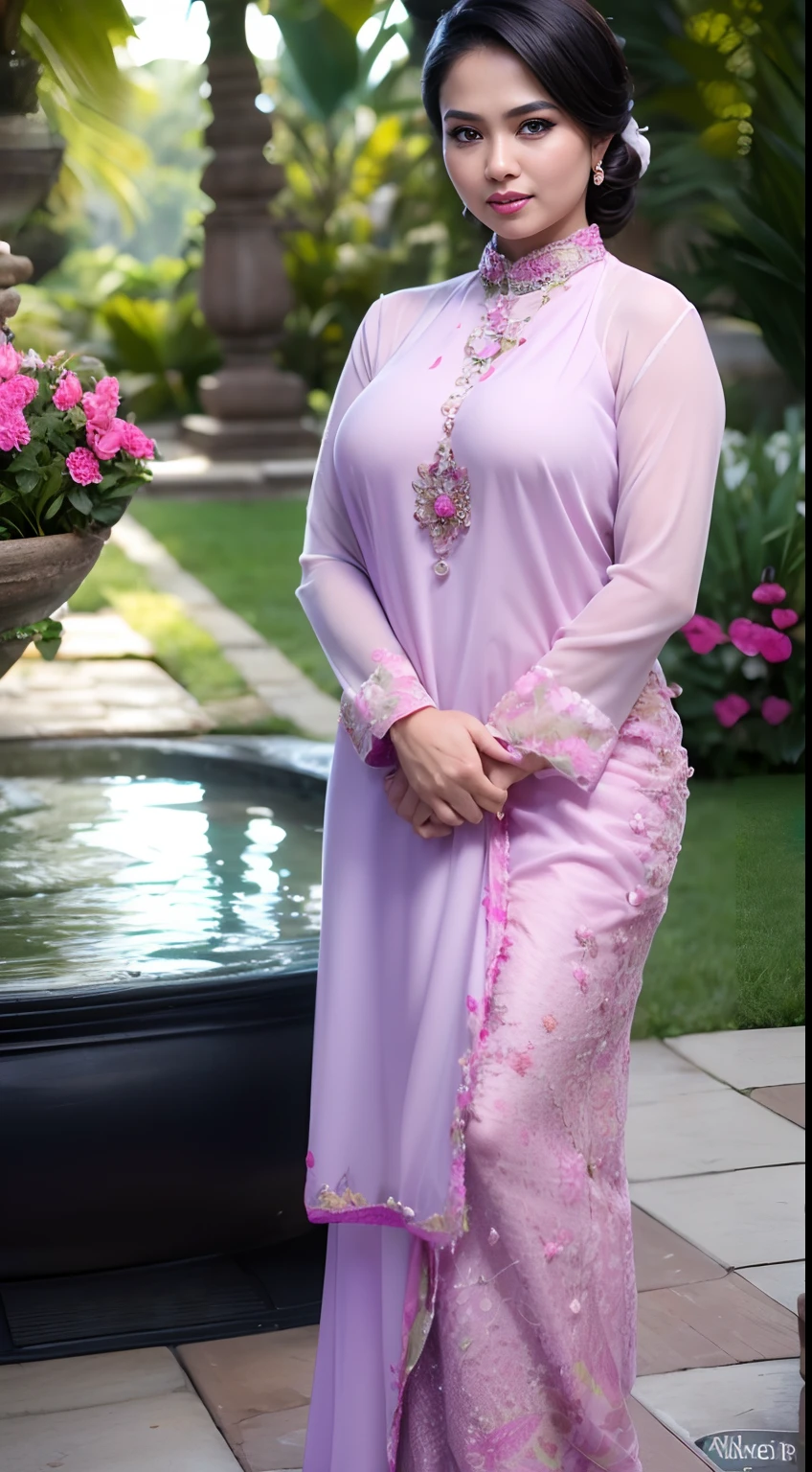 RAW, Best quality, high resolution, Masterpiece: 1.3), Beautiful Malay woman in hijab, Masterpiece, Perfect slim body, (Big breasts), Beautiful big eyes, Soft smile, Masterpiece:1.2, Best quality), Realistic, (Real picture, Intricate details, Depth of field,1 malay girl , modern plain hijab, shy, medium portrait shot , watery eyes ,droopy eyes, watery, lip glossy, sad face, ((big breast)), wear java wedding woman in kebaya purple dress berendra, kebaya batik, (big breast) , flower garden background, bokeh background, proportional body,