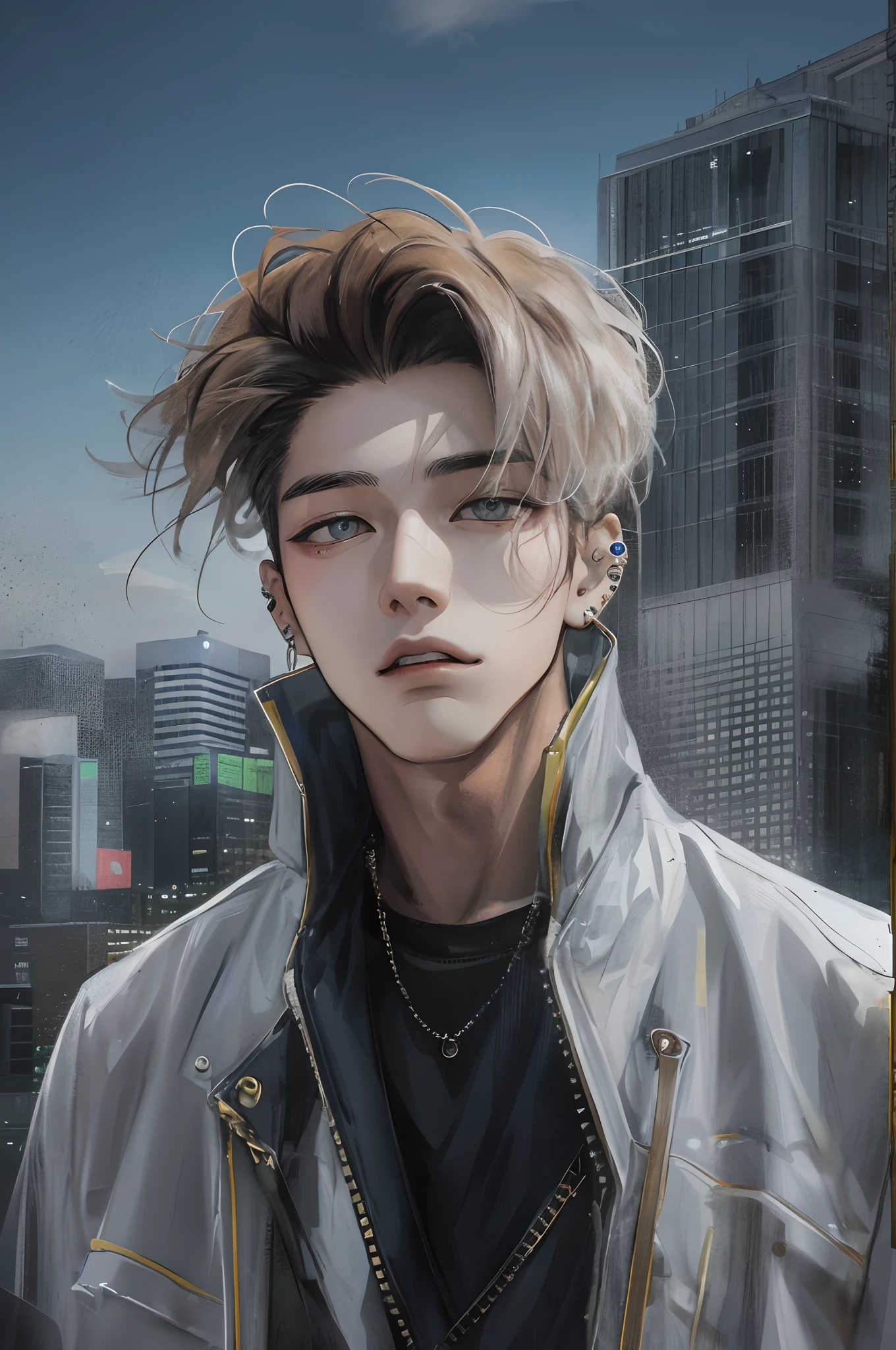 Absurdres masterpiece HDR high quality picture of a Korean boy in sharp HD graphics, with his piercing amber eyes and chiseled jawline, wearing a stylish, modern outfit that accentuates his lean physique. His short K-pop hair is styled in a contemporary way, giving him an air of confidence and charm as he stands against a beautiful backdrop