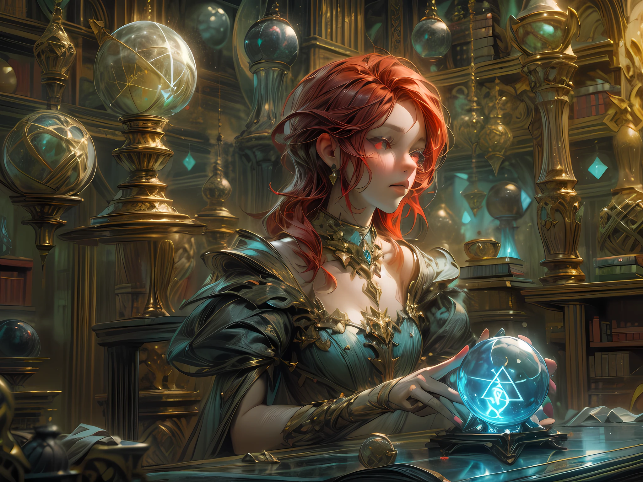 arafed, high details, best quality, 16k, [best detailed], masterpiece, best quality, (extremely detailed), a view from the rear (best details, Masterpiece, best quality), photorealistic, fantasy art, RPG art, a picture of a human mecha woman sorceress sittings in her magical lab, divining distant places in her crystal ball, epic beautiful mecha human woman (best details, Masterpiece, best quality), ultra detailed face (best details, Masterpiece, best quality), red hair, short hair, red eyes, dynamic dress (best details, Masterpiece, best quality), magical library, with many books, and magical runes and wards, glowing arcane sigils GlowingRunes_paleblue, crystal ball (best details, Masterpiece, best quality) on table, runes on crystal balls GlowingRunes_yellow, fantasy magical library background (best details, Masterpiece, best quality), Ultra-Wide Angle, high detail, award winning, best quality, HD, 16K, 3D rendering, high details, best quality, highres, ultra wide angle, 3D rendering, [[anatomically correct]]