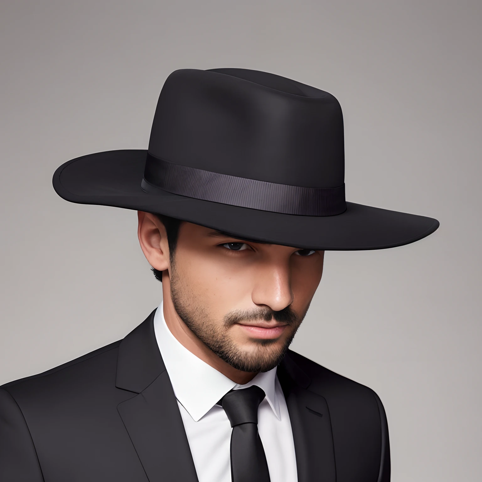 man,He wears a black round-brimmed hat,In black suit,sportrait,low head,The tone is dark,with a pure white background