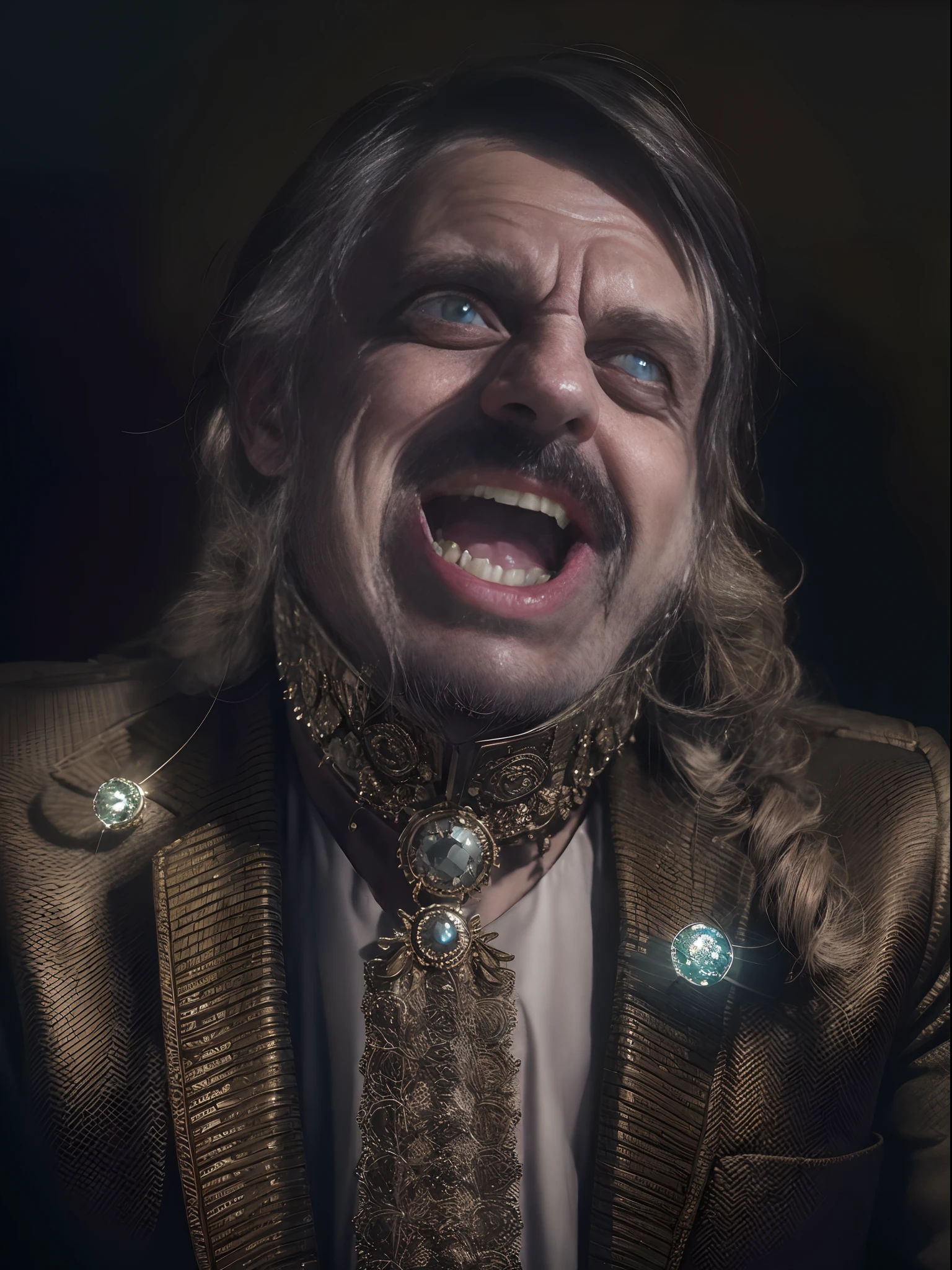 "Em uma cena surreal, Bolsonaro do Brasil (sem mascara no rosto) He's a sadist and he's laughing, vestindo um blazer de couro brilhoso do brasil decorado com broches de metal (Full of jewels and and money in my pockets), While around him there are dead people, doentes, chorando, Low lighting, cenario surreal, obscuro, covid, obscuro, lighting dramatic"