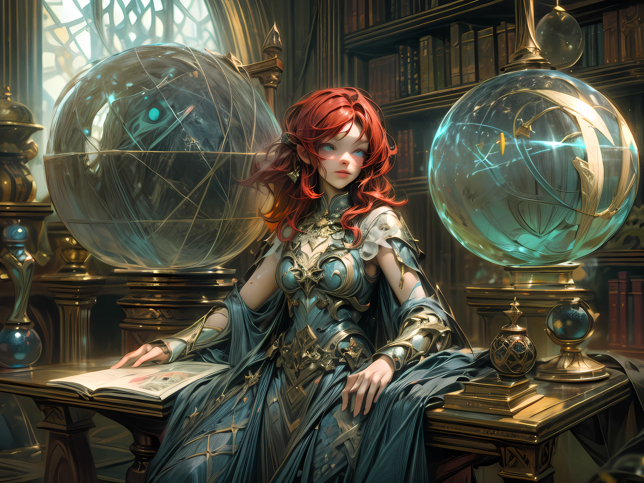 arafed, high details, best quality, 16k, [best detailed], masterpiece, best quality, (extremely detailed), a view from the rear (best details, Masterpiece, best quality), photorealistic, fantasy art, RPG art, a picture of a human mecha woman sorceress sittings in her magical lab, divining distant places in her crystal ball, epic beautiful mecha human woman (best details, Masterpiece, best quality), ultra detailed face (best details, Masterpiece, best quality), red hair, short hair, red eyes, dynamic dress (best details, Masterpiece, best quality), magical library, with many books, and magical runes and wards, glowing arcane sigils GlowingRunes_paleblue, crystal ball (best details, Masterpiece, best quality) on table, runes on crystal balls GlowingRunes_yellow, fantasy magical library background (best details, Masterpiece, best quality), Ultra-Wide Angle, high detail, award winning, best quality, HD, 16K, 3D rendering, high details, best quality, highres, ultra wide angle, 3D rendering, [[anatomically correct]]