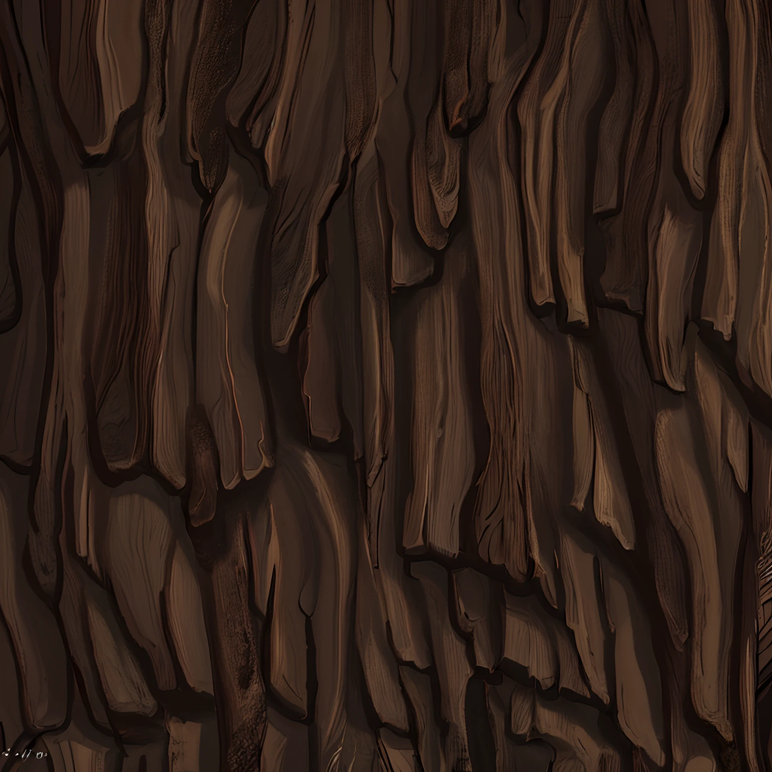 Create a image texture of stylized dark brown bark of a tree trunk , a stylized texture of the bark bark, the bark has deep grooves and lines that create a contrast. very detailed digital painting, uniform soft lighting, natural soft lighting. game texture, 2 d texture, 2d texture, rough texture, the bark texture, hand painted textures .