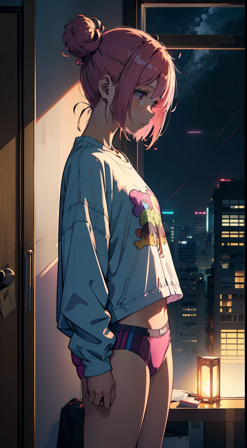 masutepiece, High quality, girl, Bun head, Colorful Highlight Hair, Big clothes, Underwear with a small area, Comfortable clothing, Indoors, Night, Sunset, Dark room, Distracting and messing with something,