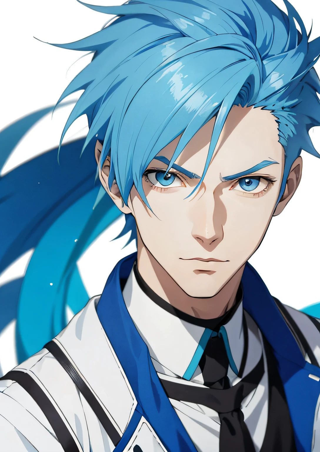 Close-up of man with blue hair in white jacket, 4D Anime Style, Tall anime face with blue eyes, !! full-length portrait!!, Anime boy, Moe Artstyle Anime, A lonely character in full body, full - body!!, anime full body illustration, anime style character,Full-length model , indigo