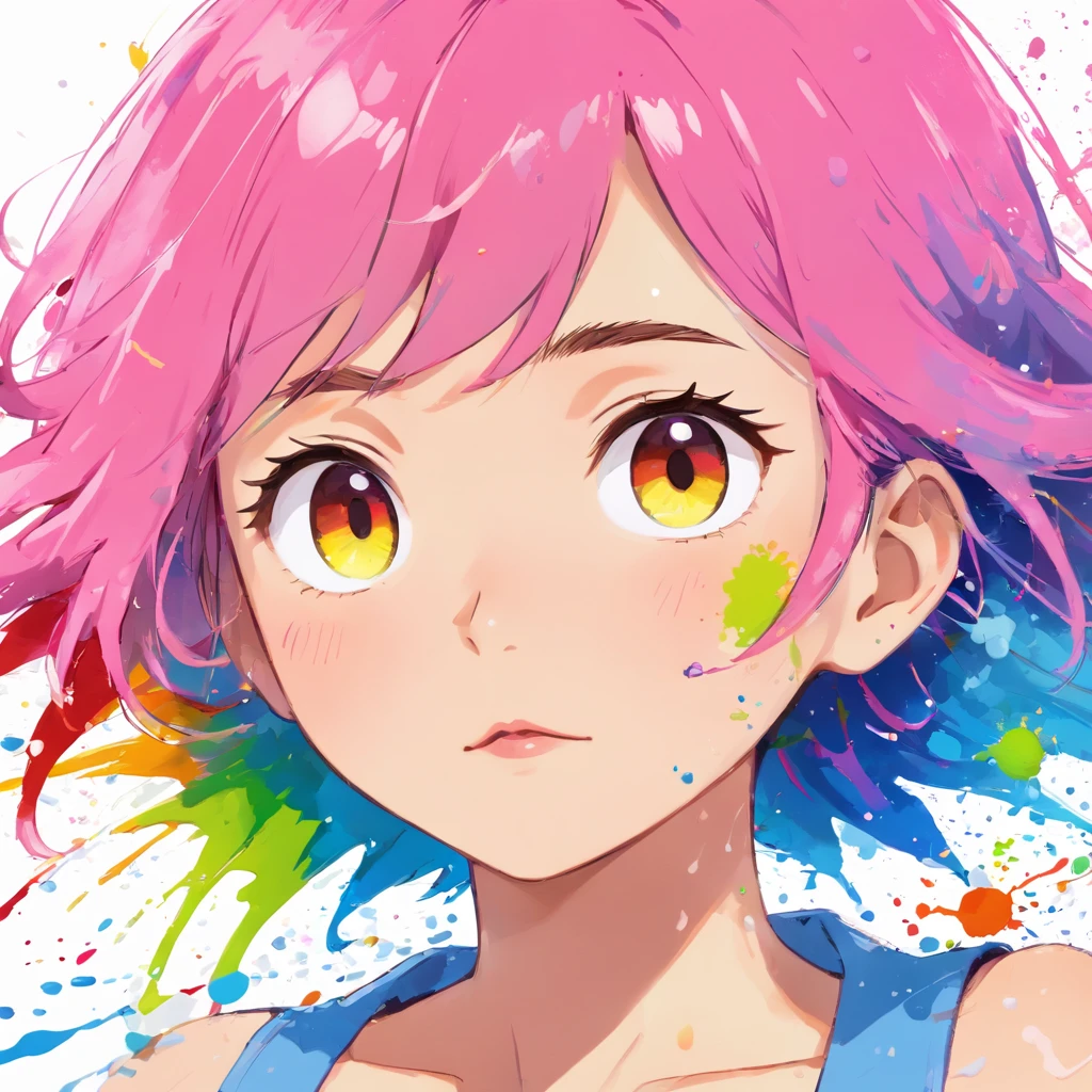 (Masterpiece, Best Quality, High Resolution), White Background, ((Paint Splash, Color Splash, Splash of Ink, Color Splash)), Sweet Chinese Girl, Rainbow Hair, Pink Lips, Front, Upper Body