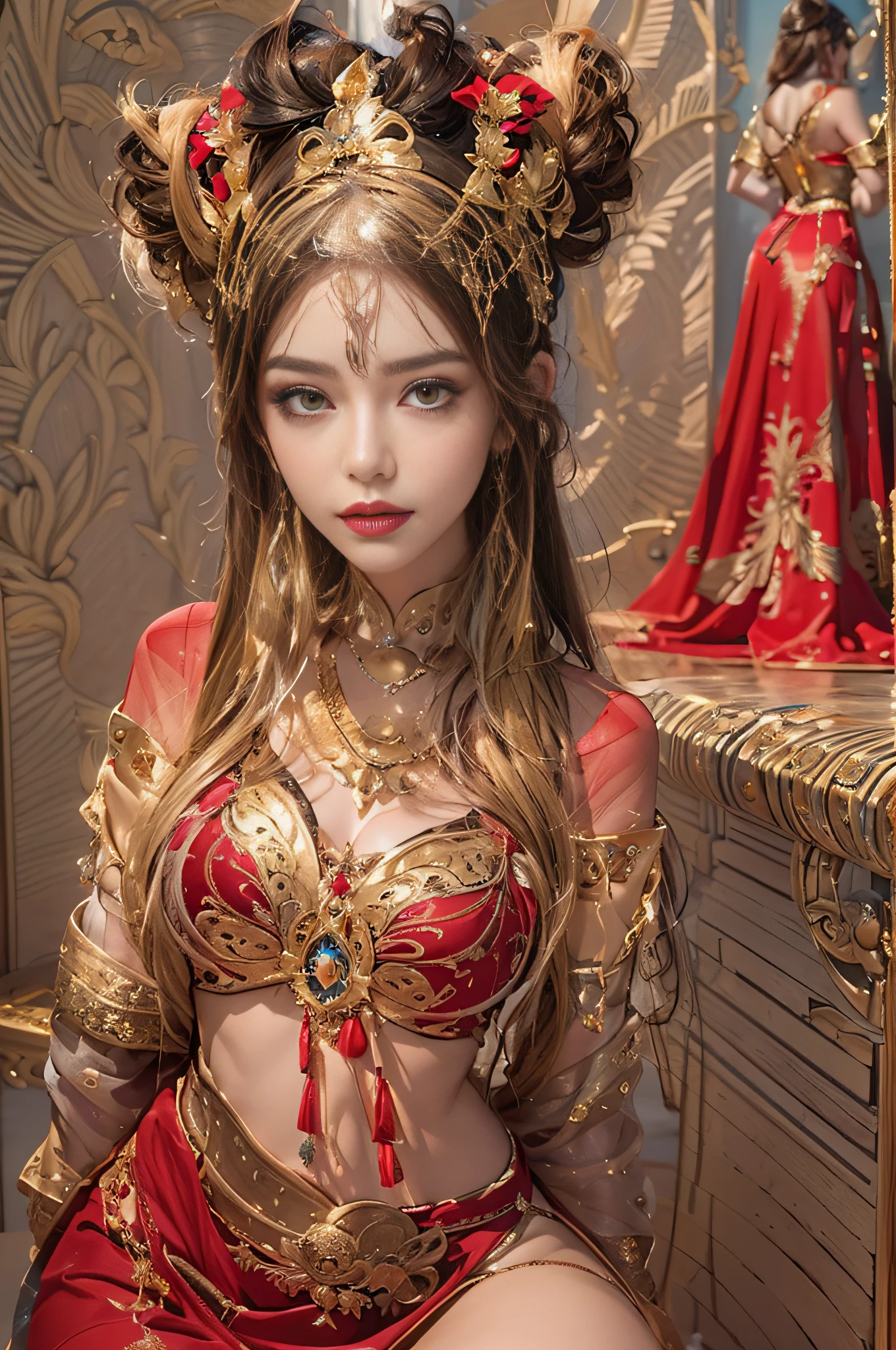 Pure erotic photography,Perfect masterpiece,best qualtiy,超A high resolution,,Movie Angle,,Professional lighting, ,Perfect focus,realisticlying,Ultra-high resolution fabric texture,Persian dancer,Supermodel figure,Golden ratio body type,Large cleavage、Golden body,photorealistic perfect body,Painted in gold throughout,Realistic gold foil paint is applied all over the body,Shiny skin,The goddess of gold, glistening body,The face of the flawless goddess,Beautiful and delicate eyebrows and eyelashes,Sexy red lips,Perfect lip shape,clear skin texture,wetted skin,8k eye details,8K pupils(Advanced facial details:1.1)Long light blonde hair,Long light blonde hair,Clear strands of hair,Careful hair texture(Premium hair details:1.1)Gorgeous deep V-neck loose dress,Bright red gorgeous dance dress,Erotic belly dancing costumes,Large open neckline、Gorgeous and charming costumes(Full chest support clothing)Jackpot accessories、gold earring、Gold necklace、Gold bracelet、Gold-tone anklet、indoor,Persian palace,Persian decorated rooms, Golden Noble Room, Brilliant light, Gold interior, Gold and silver treasures,Expensive paintings, Bright red series,fully body photo, Photo of woman gold leaf lacquer art,Works by Persian dancers,High quality work