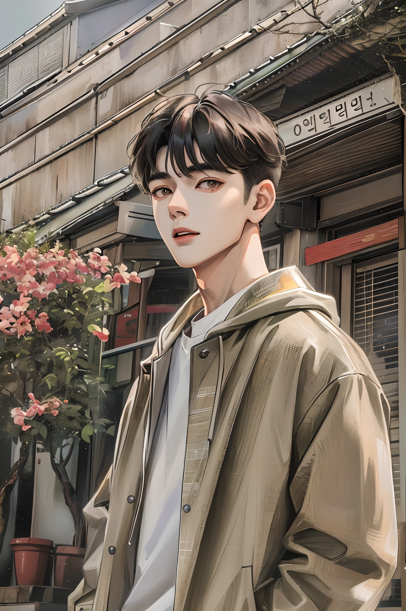 Absurdres masterpiece HDR high quality Picture a young, handsome Korean boy Korean actor cha eun woo with warm and friendly features wearing a simple and comfortable casual outfit. He sports a clean, fresh haircut that accentuates his natural good looks, and a bright and close mouth that lights up his face.