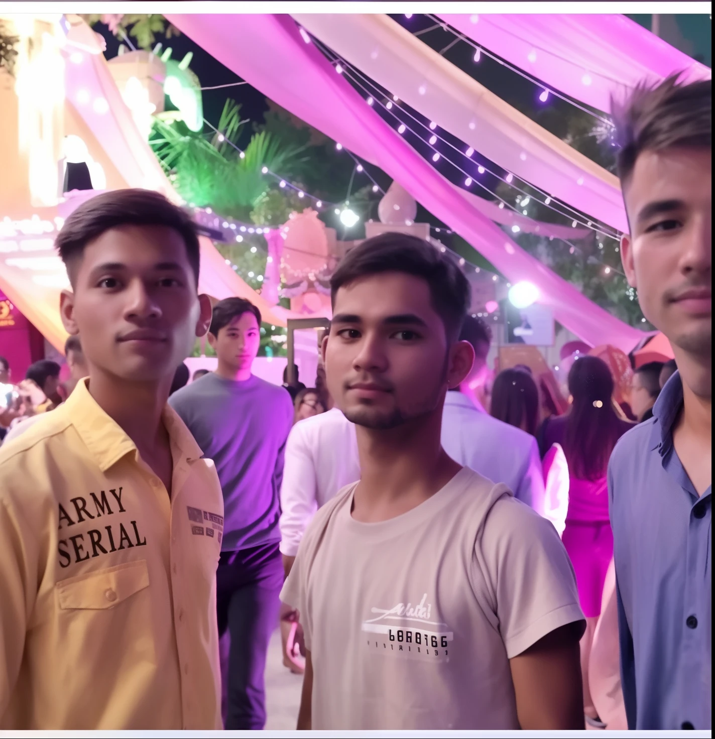 three men standing in front of a crowd of people at a party, candid picture, candid photo, profile picture, profile pic, cute boys, with accurate face, candid shot, photo taken in 2 0 2 0, candid photograph, very very low quality picture, at night time, facebook post, very accurate photo, very clear picture, very artistic pose