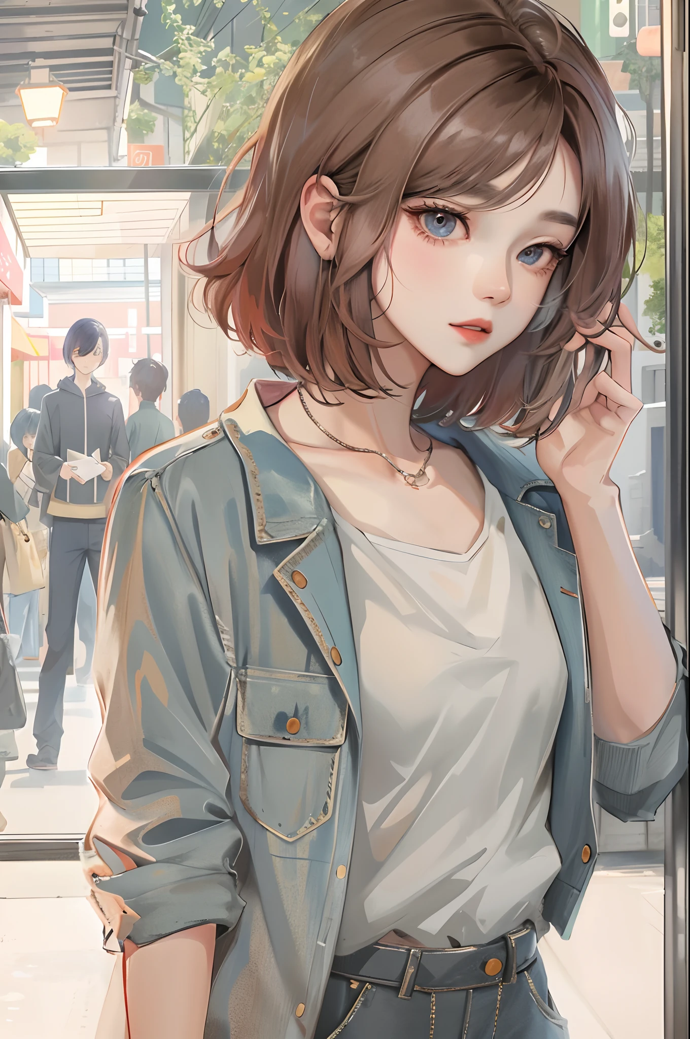 Absurdres, Masterpiece, Best quality, light colors, korean girl from webtoon with Beautiful face , beautiful short bob hair , a character from kdrama, anime eyes, semi casual clothes, masterpiece background, detailed background