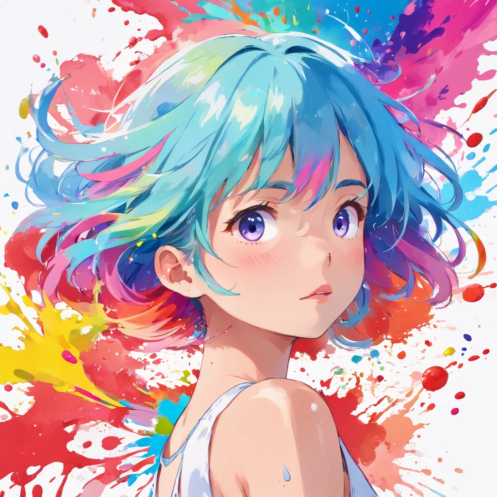 (Masterpiece, Best Quality, High Resolution), White Background, ((Paint Splash, Color Splash, Splash of Ink, Color Splash)), Sweet Chinese Girl, Rainbow Hair, Pink Lips, Front, Upper Body