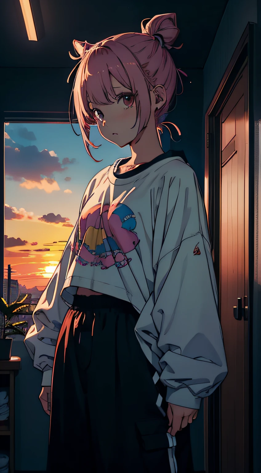 masutepiece, High quality, girl, Bun head, Colorful Highlight Hair, Big clothes, Underwear with a small area, Comfortable clothing, Indoors, Night, Sunset, Dark room, Distracting and messing with something,