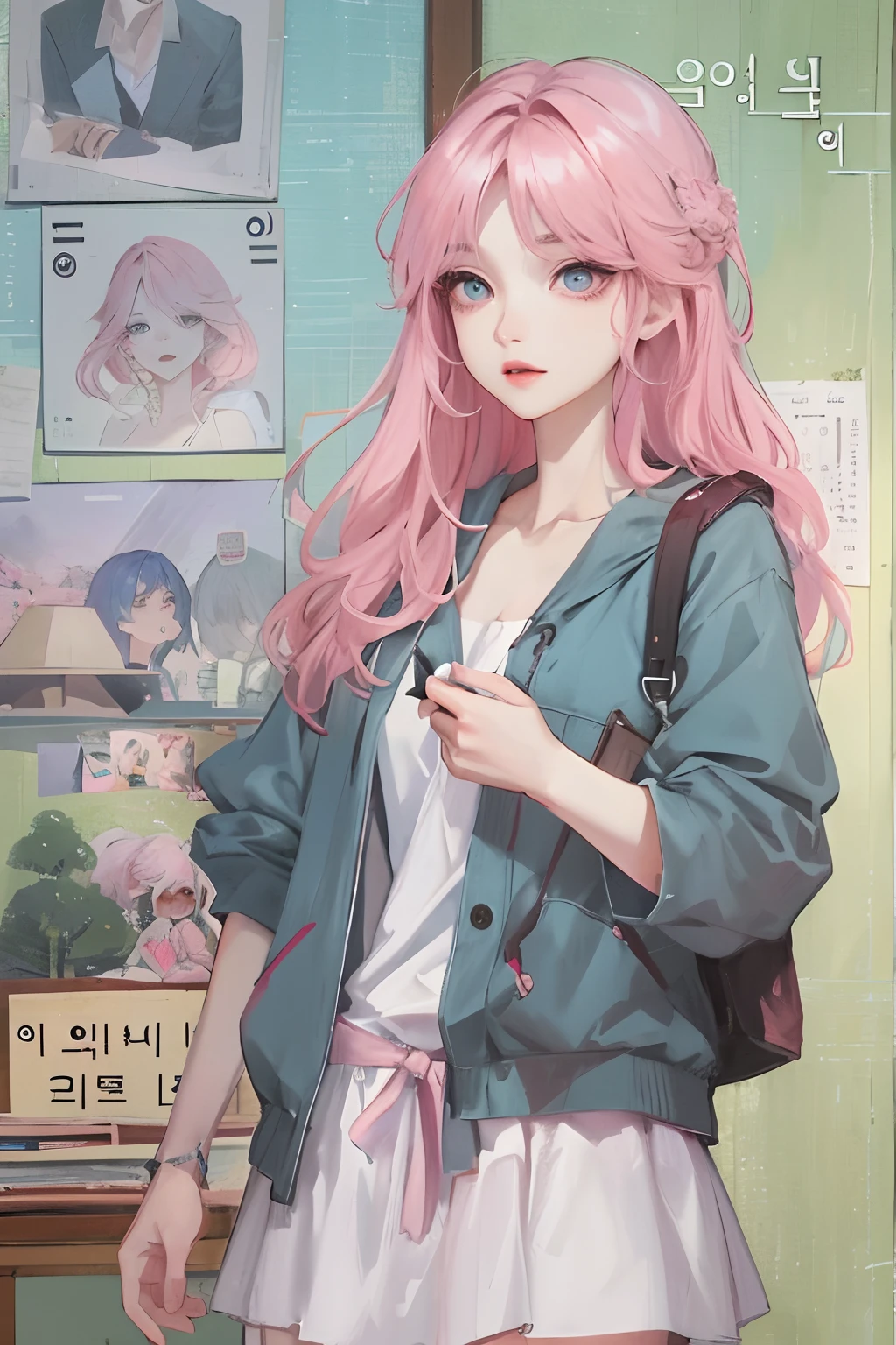 absurderes, Masterpiece, Best quality, Light colors, Korean girl from webtoon with beautiful face , Beautiful hair , Characters in Korean dramas, Anime eyes, Semi-casual clothing, Masterpiece background, Detailed background,A pink-haired