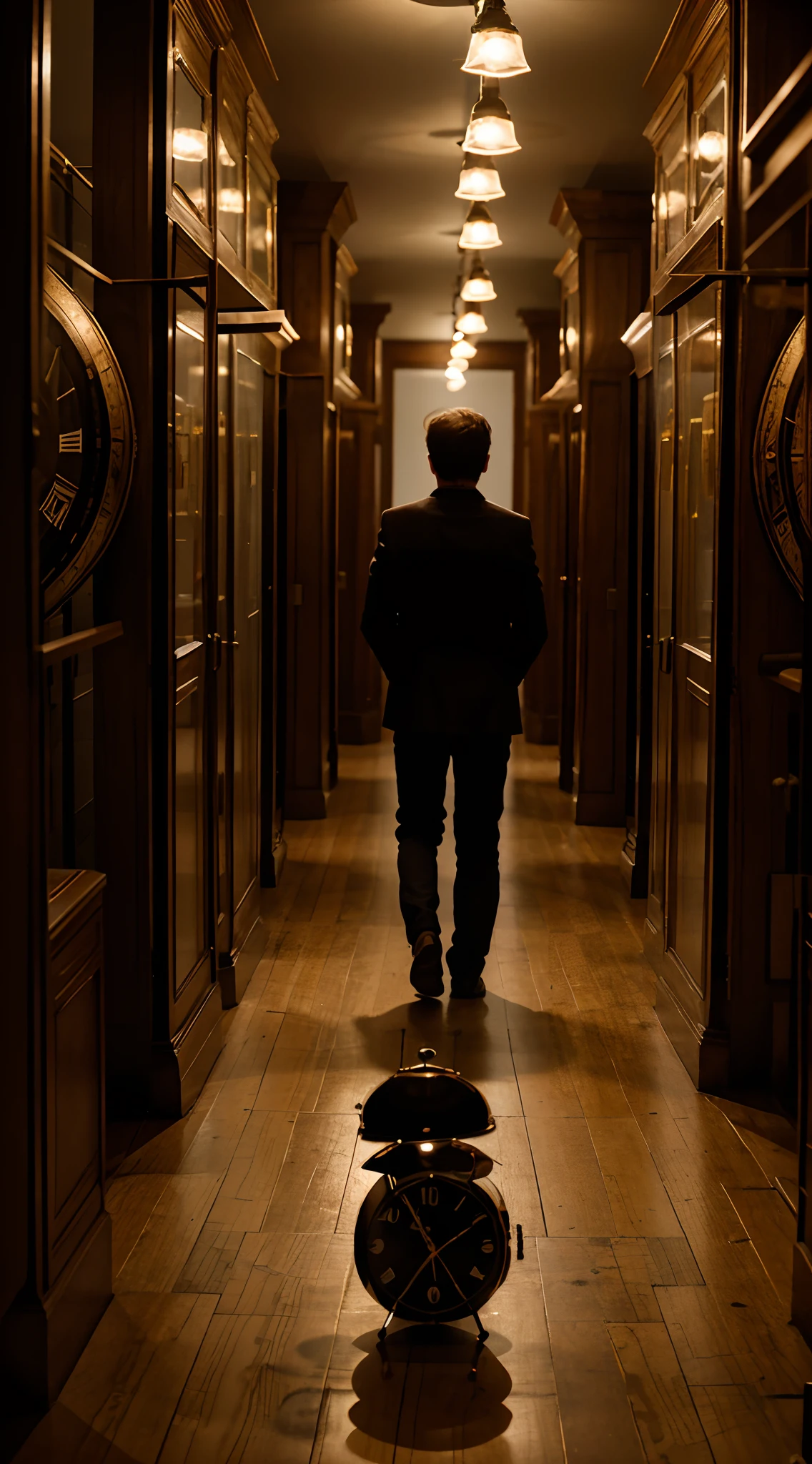 Create an image that portrays a person standing in a room filled with multiple ticking clocks, symbolizing the complexities of time travel.