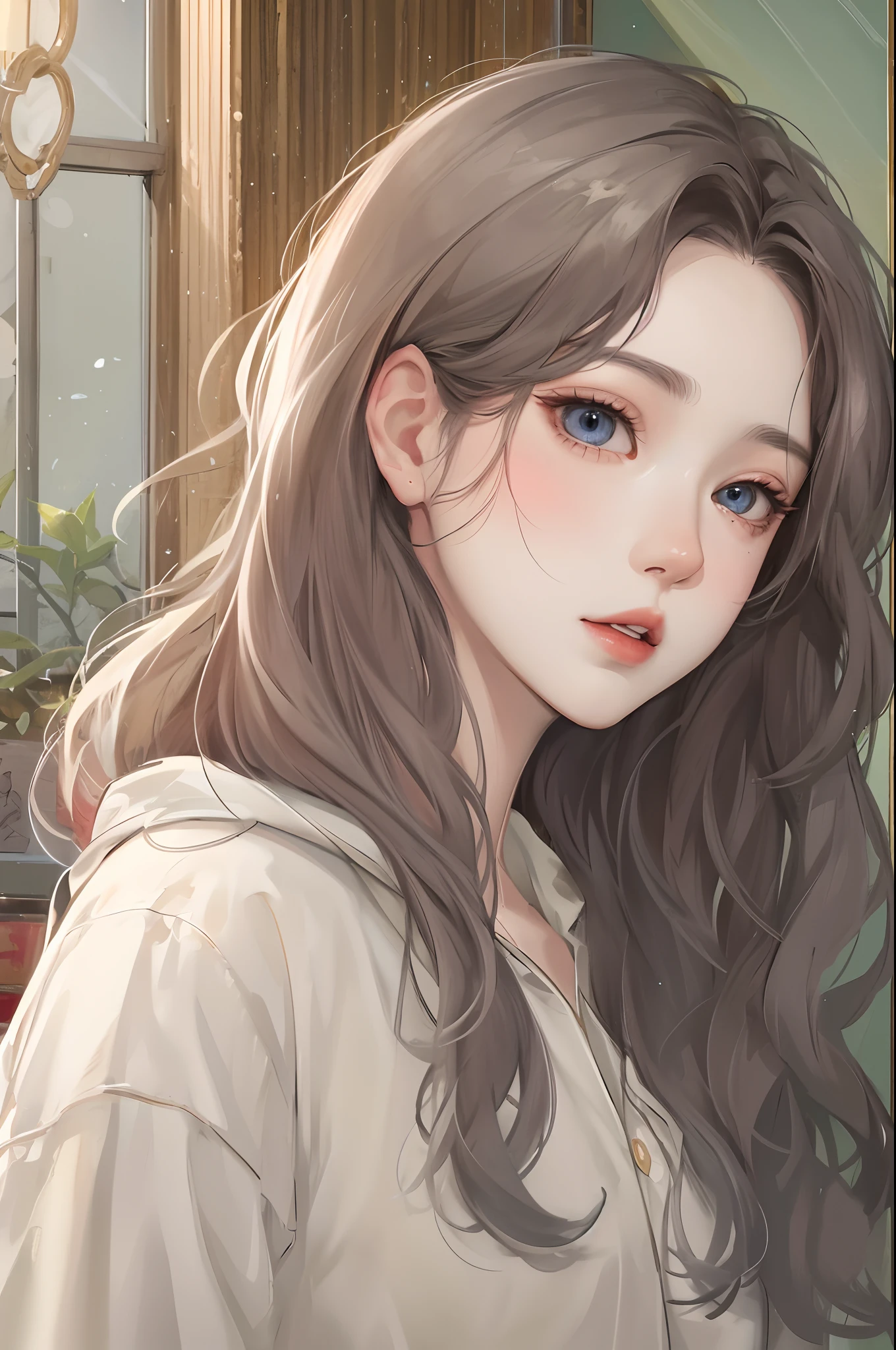 Absurdres, Masterpiece, Best quality, light colors, korean girl from webtoon with Beautiful face , beautiful hair , a character from kdrama, anime eyes, semi casual clothes, masterpiece background, detailed background