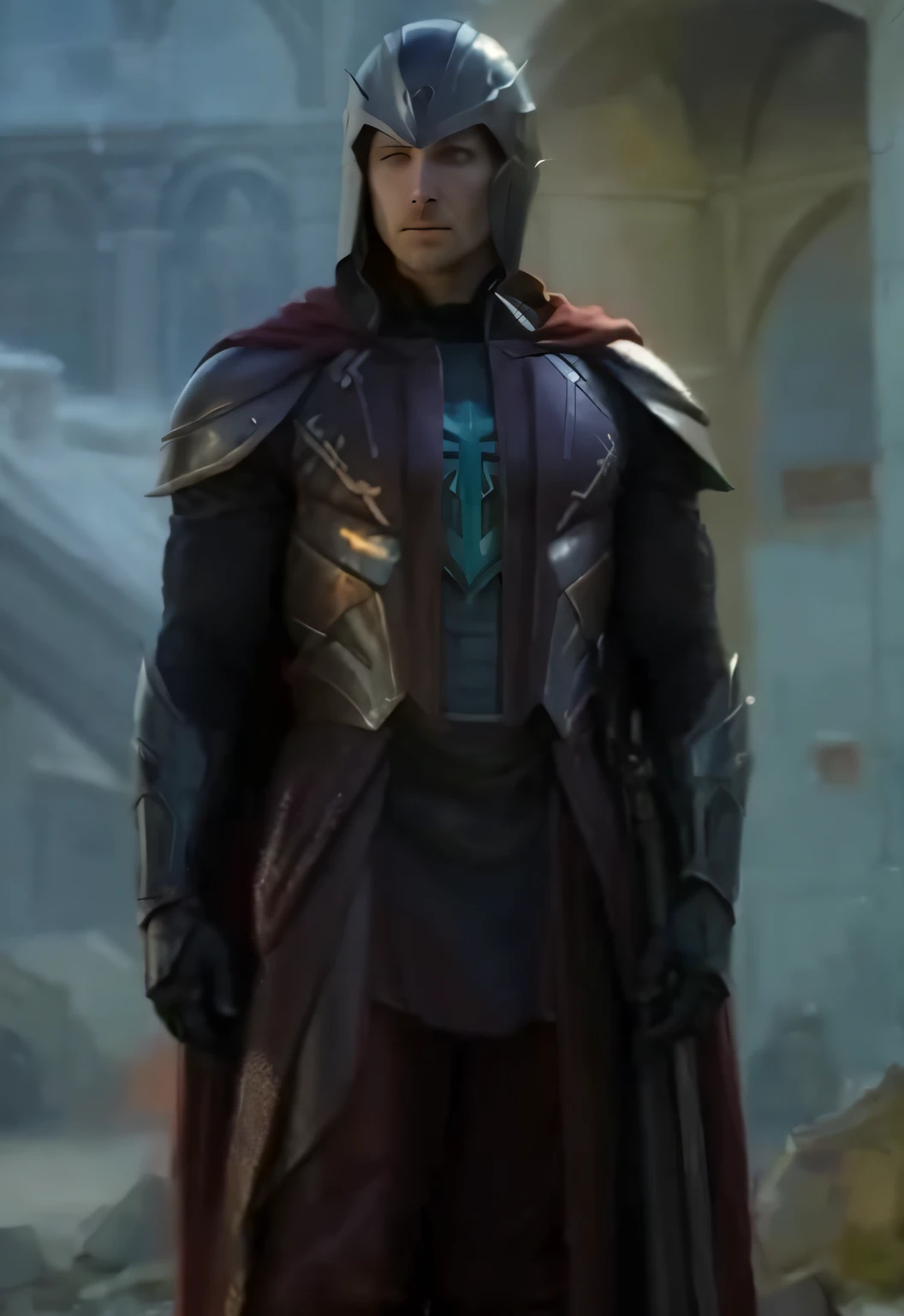 A closeup of a costumed person in front of a building, Magneto, No filme Duna 2 0 2 1, flowing robes and leather armor, Tor, da Marvel, draconic looking armor, usando armadura pesada com capa, Ainda de Loki ( 2 0 2 1 ), usando armadura assassina de couro, Em uma arena no filme Duna-2021