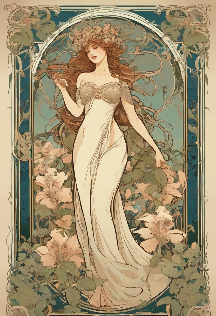 8K.Poster illustration in Alphonse Mucha style, Flat painting, beautiful nordic woman、,Full body like,slenderbody, Art Nouveau, Plants in the background,C cup breasts、 masutepiece, Alfonse Mucha,Blue clematis、 high details