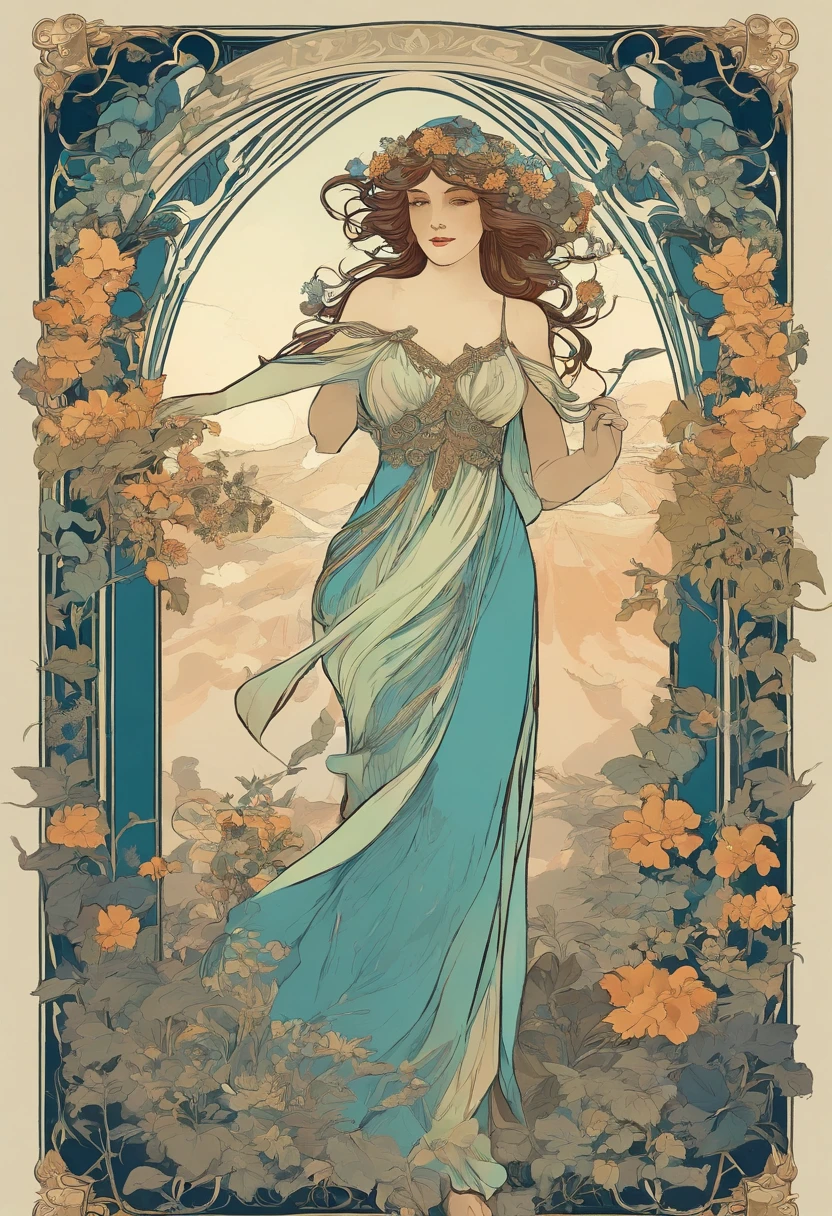 8K.Poster illustration in Alphonse Mucha style, Flat painting, beautiful nordic woman、,Full body like,slenderbody, Art Nouveau, Plants in the background,C cup breasts、 masutepiece, Alfonse Mucha,Blue clematis、 high details