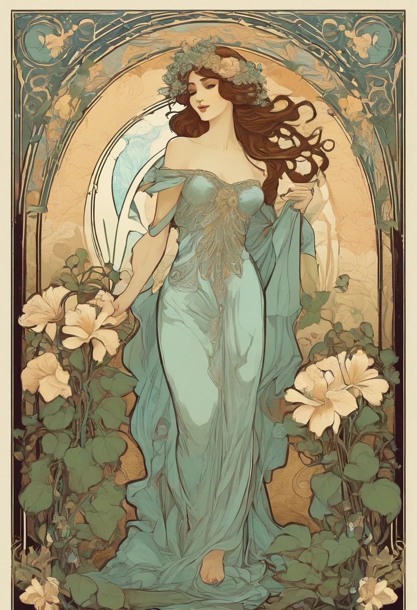 8K.Poster illustration in Alphonse Mucha style, Flat painting, beautiful nordic woman、,Full body like,slenderbody, Art Nouveau, Plants in the background,C cup breasts、 masutepiece, Alfonse Mucha,Blue clematis、 high details