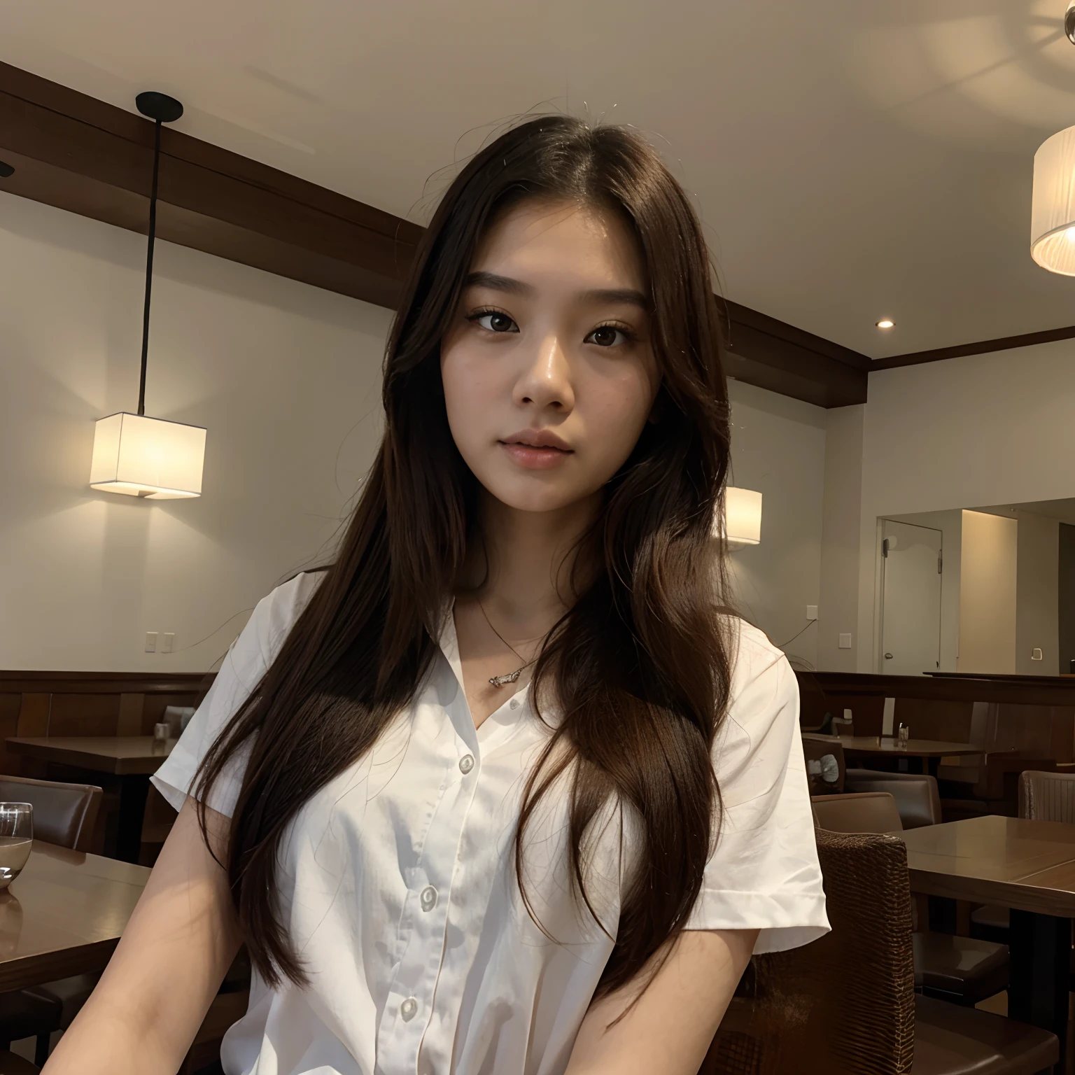 there is a woman with long hair and a white blouse in the middle of restaurant, 18 years old, 21 years old, 2 2 years old, an asian woman, asian girl, a young asian woman, south east asian with round face, 2 7 years old, asian female, 2 3 years old, beautiful asian girl, 2 4 year old female model, 1 8 yo