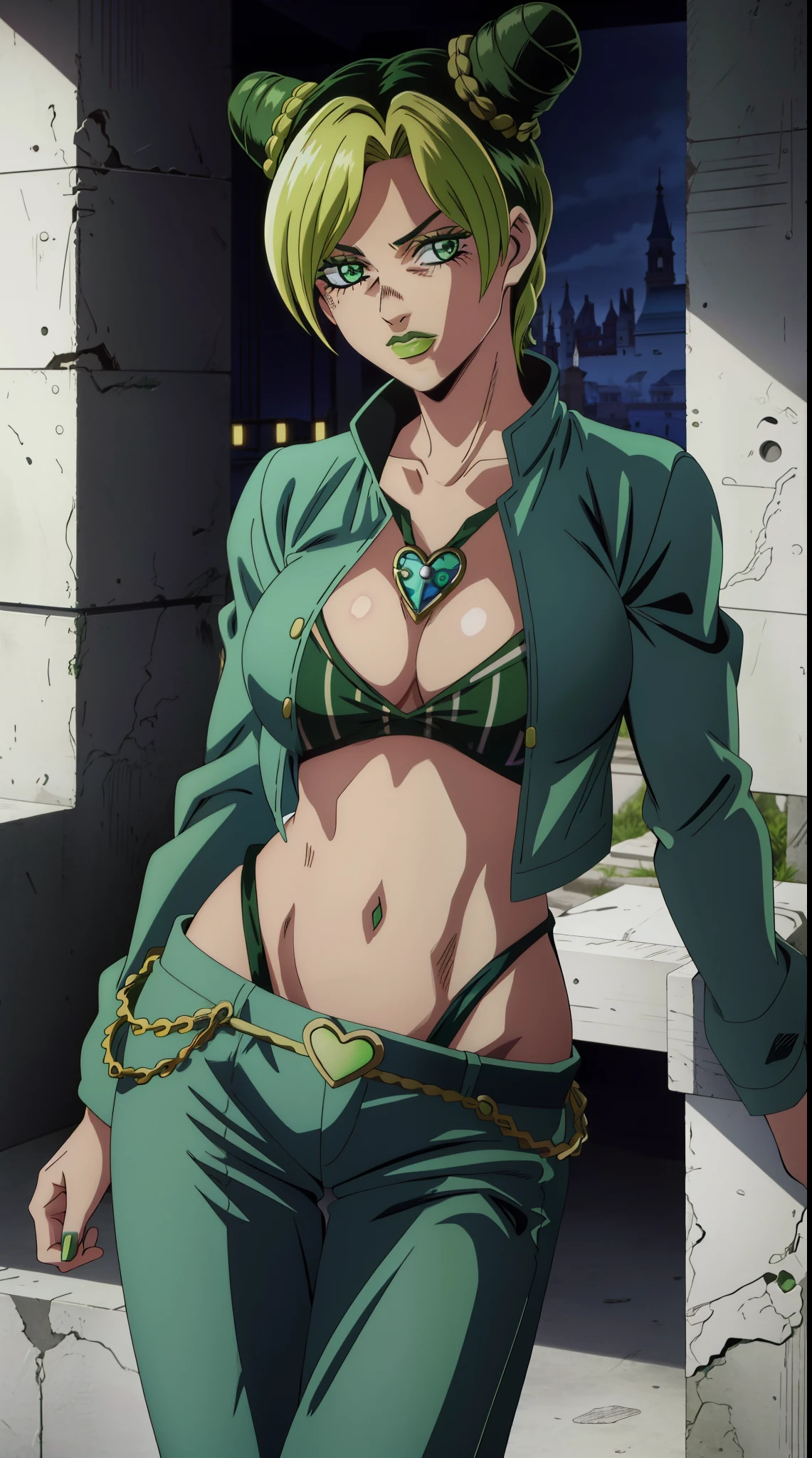 1girl, solo, jolyne, neon green eyes, green lips, closed mouth , looking at viewer, halterneck, jacket, castle, short hair (Jolyine kujo) huge breasts standing naval midriff green jeans