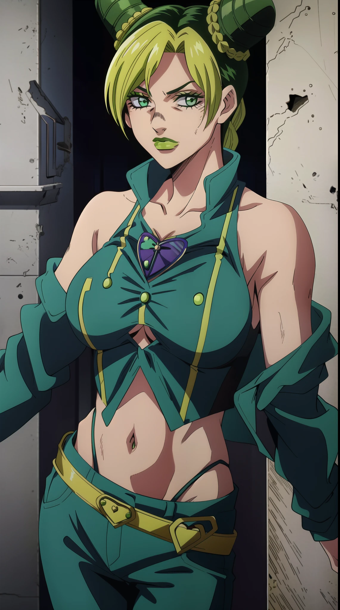 1girl, solo, jolyne, neon green eyes, green lips, closed mouth , looking at viewer, halterneck, jacket, castle, short hair (Jolyine kujo) huge breasts standing naval midriff green jeans