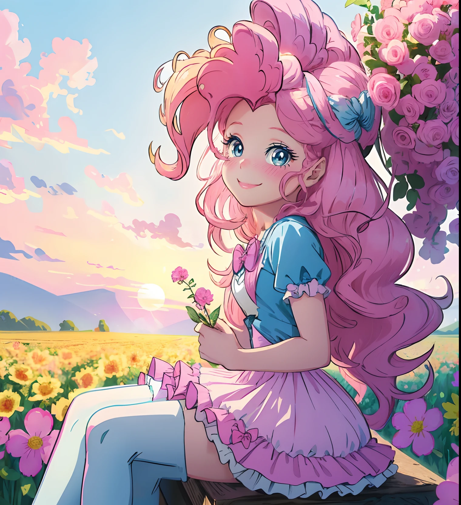 My little pony pinkie pie, pinkie pie, pinkie pie in the form of a girl, long pink hair, ((coils curls)), blue eyes, light blue hair ribbon, long pink and blue frilly dress, white thigh high, small pink heels, blue sky, pink clouds, sitting in a cloud, staring at viewers, (light pink skin 1.5), soft blush, happy smile, soft smile, holding flowers, balloons flying everywhere, ((sunrise 2.0)), highly detailed lighting, yellow light, in a beautiful flower field, pink and blue flowers everywhere
