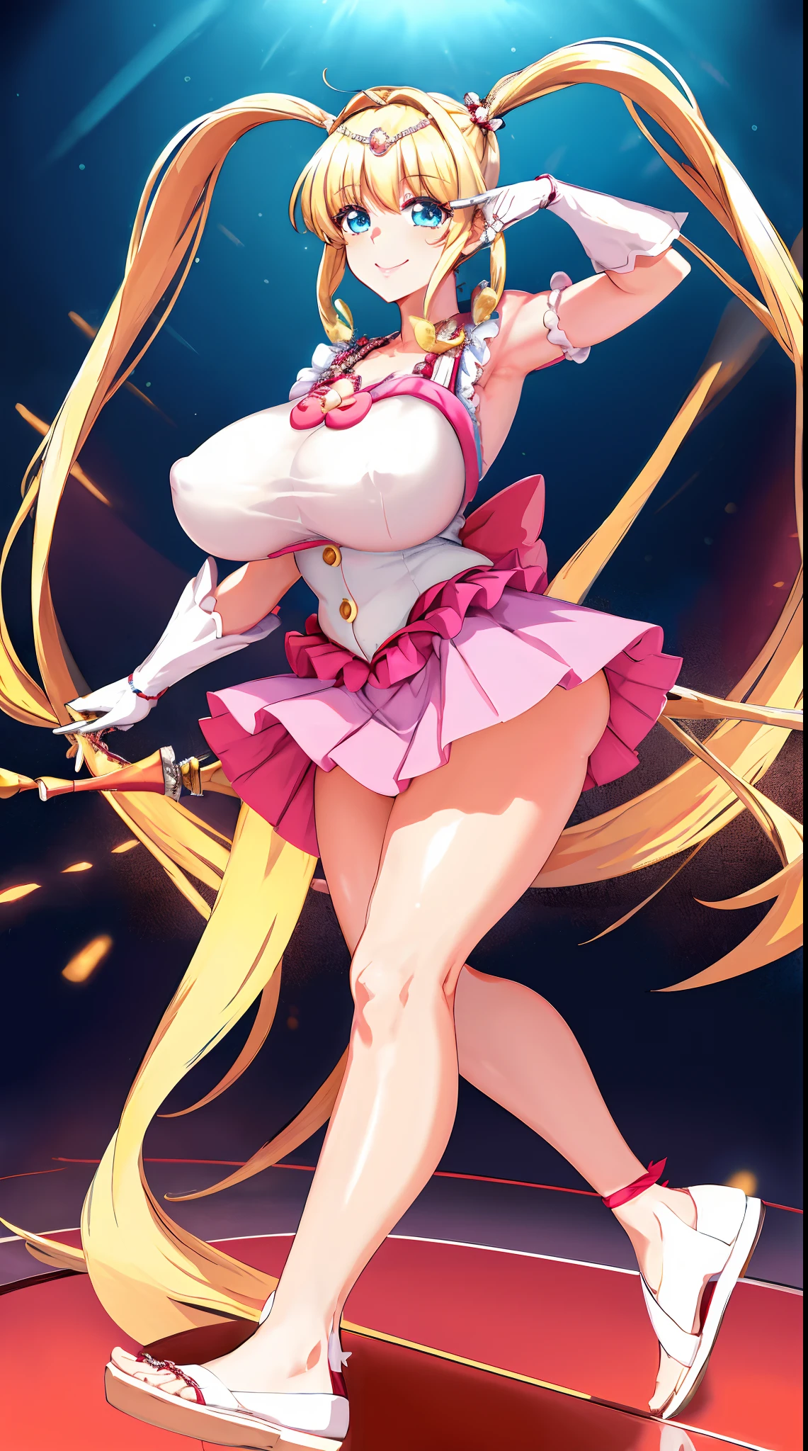 masterpiece, best quality, highres, hmnl, hmnl, twintails, tiara, blue eyes, idol, dress, gloves,(best quality, high-res, masterpiece:1.2), ultra-detailed,1.37, portraits, vivid colors, studio lighting, sharp focus, physically-based rendering, long hair, blue eyes, beautiful detailed eyes, beautiful detailed lips, twintails, tiara, ahoge, hair ornament, idol, dress, gloves, standing, smile, huge breast, curvy, staff, long skirt, standing, full body, flipflops, larges skirt, long skirt, refsheet