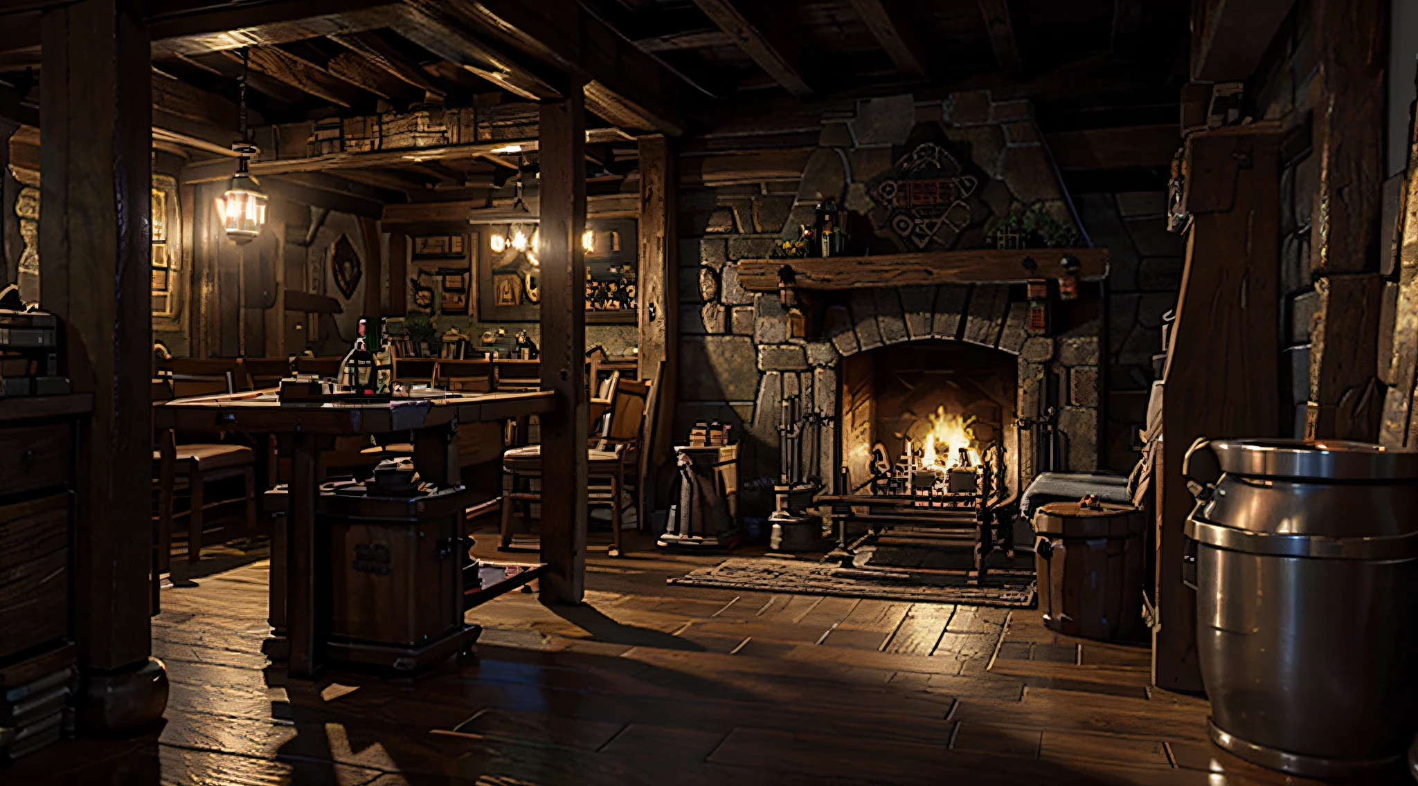 picture of a tavern, cozy place, with wood tables and a fireplace in the back, medieval ambience, rustic, inspired by makoto shinkai, makoto shinkai's style, anime background, no human