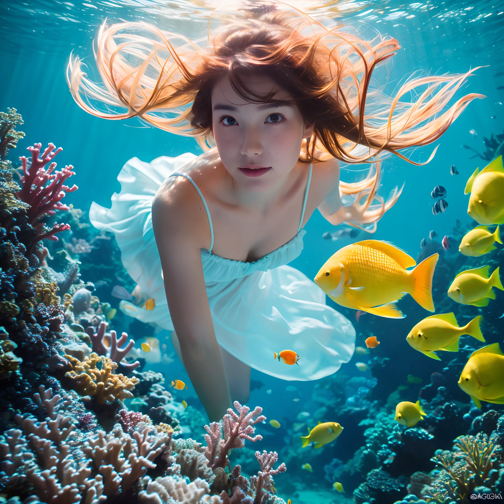 A cute and beautiful Japanese woman in her late twenties with semi-long hair and a voluptuous figure is diving underwater. She is facing the camera with a beaming smile, looking very stylish in a micro bikini. There are many beautiful tropical fish swimming around her.