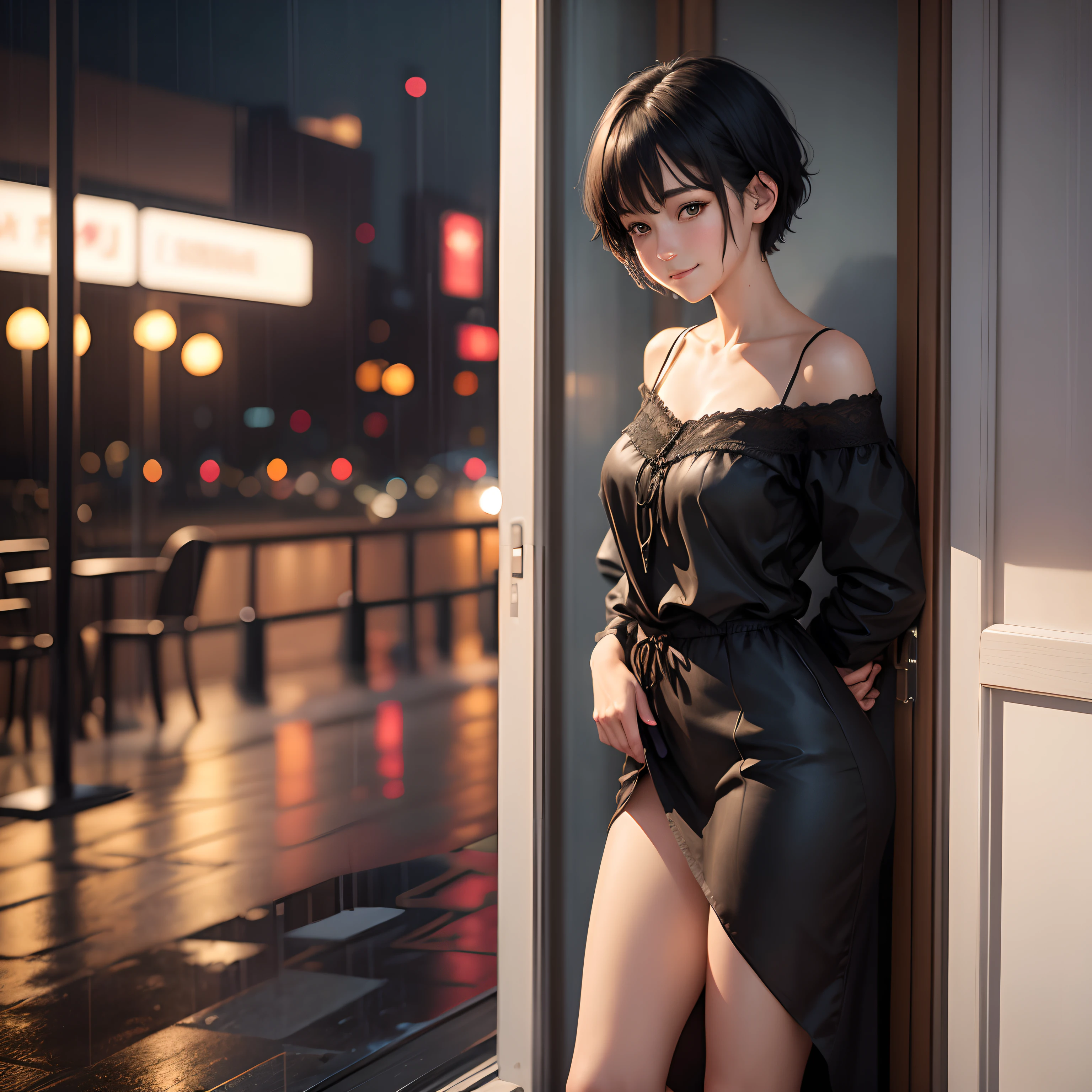 (8K, Best Quality, masutepiece:1.2), (Realistic, Photorealsitic:1.37), Ultra-detailed,((( 1 girl))),Solo,Beautiful detailed sky,Detailed Cafe,Night,Sitting,at hotel's room,(nose blush),(Smile:1.15),(Closed mouth) Small breasts,very skinny legs,Beautiful detailed eyes,(Shirt:1.1), Night, Wet, Rain,White lace, (Short hair:1.2),Floating Hair NovaFrogStyle, ((Full body)),to stand, Sexy, Cute,Short black hair,