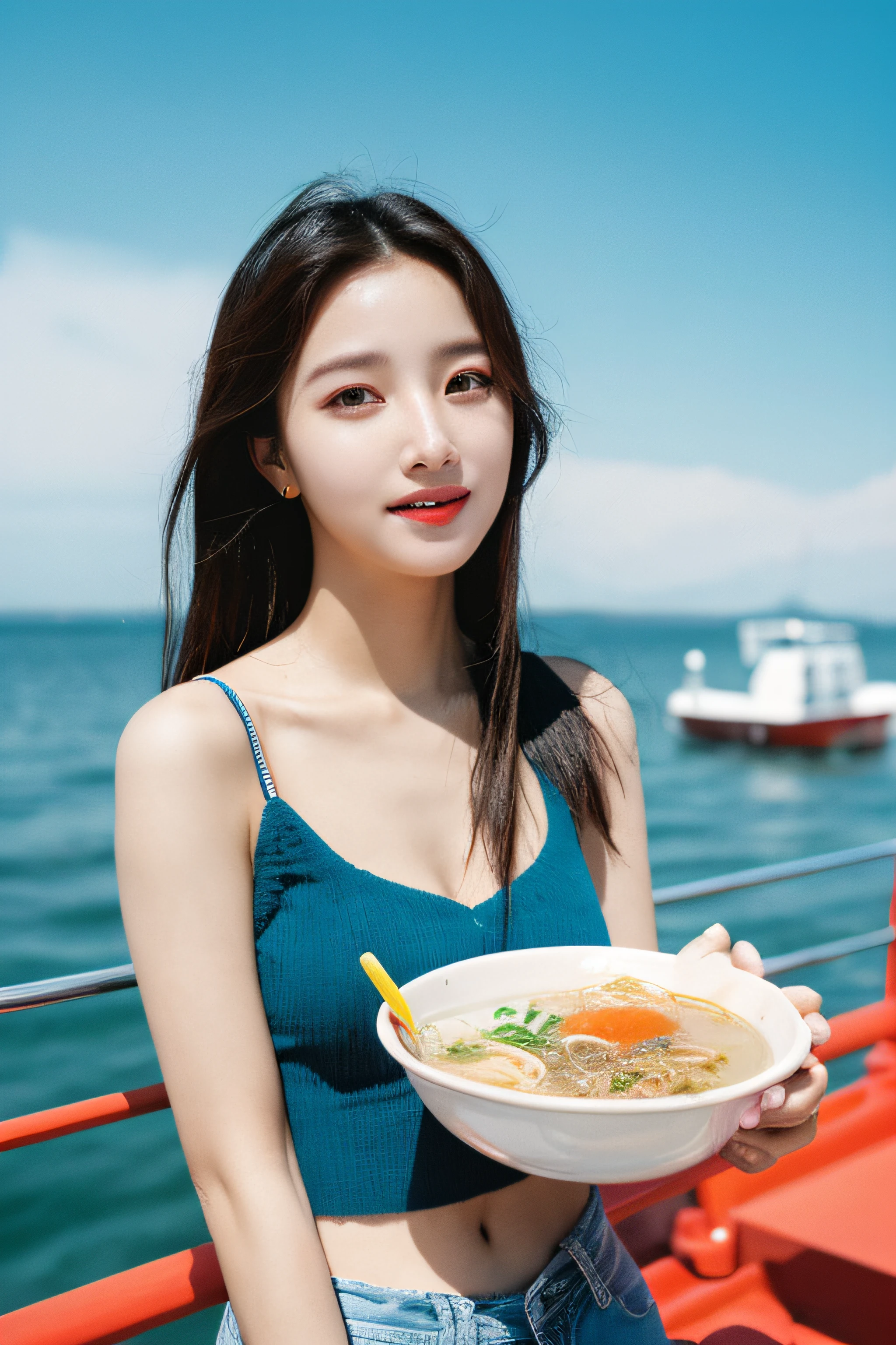 Photo of a Beautiful Korean kpop idol Woman, Summer, Tri-X, 80mm、Eat ramen deliciously、sea side