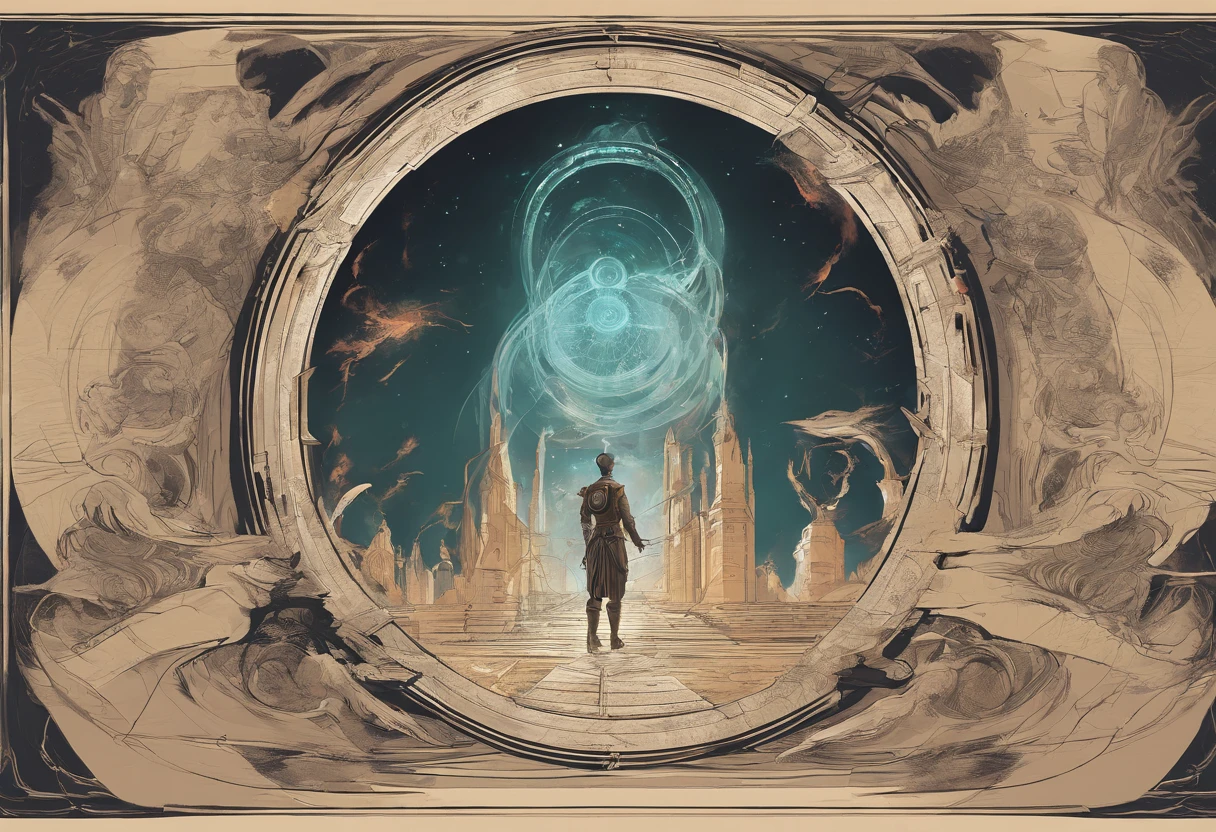 Generate an image showing a character leaping through a time portal, with different historical scenes blending in the background.