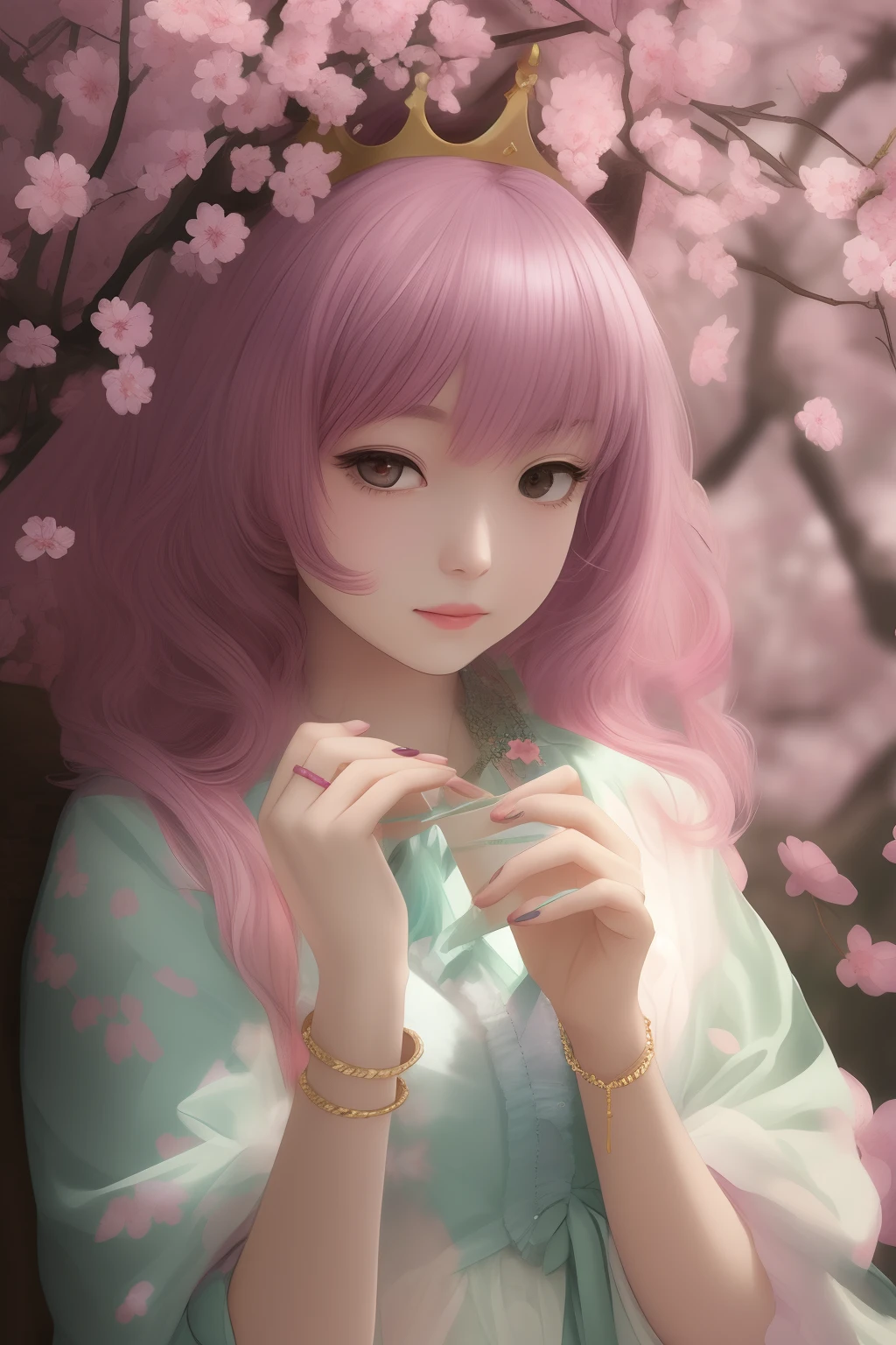Girl with cherry blossoms、Wearing a crown、cute little、The long-haired、Mauve pink hair color、Blue Nails、