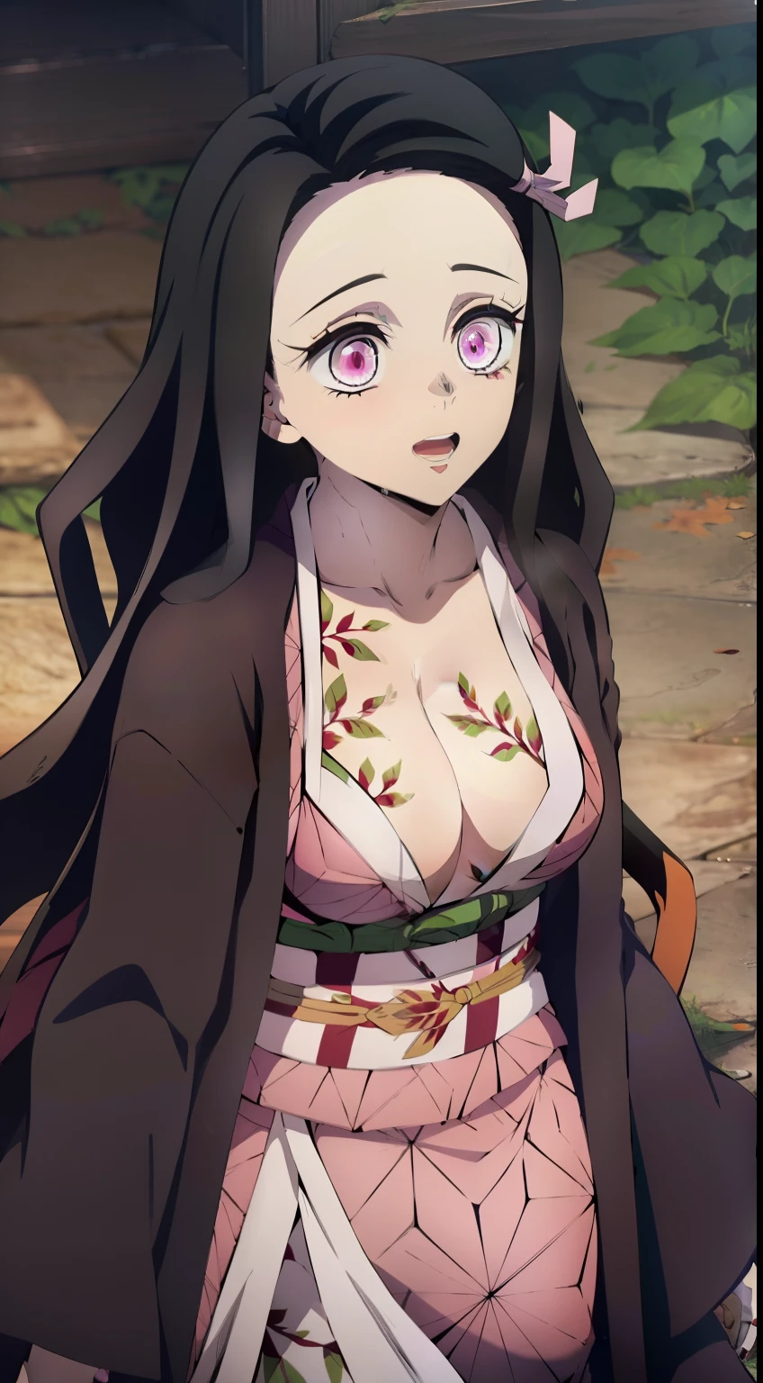 (Nezukokamado, Nezuko Kamado's masterpiece, goddess beauty, ssmile, joying), Long black hair with orange tips, Ribbon Hair, hairlong, multi-colored hair, (pink eyes: 1.5) Bright, orange hair, Wavy Hair, two tone hair, professional photo of a, a closeup of a, Plaid headband, haori, Japanese outfit, Sexy kimono, long sleeves, obi, pink kimono, band, wariza, long sleeves, Perfect Curved Body, Tattooed body with leaves, permeating Her body, Lovely Medium Breasts, Her breasts are sticking out from under her clothes, BREAK (Master Part: 1.2), Best Quality, High Resolution, photorealestic, photogenic, Unity 8k壁纸, (illustartion: 0.8), (Beautiful detailed pink eyes: 1.6), extremely detailed face, perfect  lighting, extremely detailed CGI , (perfect arms, perfect anatomy), 18 year old girl with perfect breasts, Spits , (Perfect & Curved body, Leaf tattoos run all over her body, Bubian Hair), Hair is long and dull, red hair, beatiful face, roof, master study, intricate details, Detalhes realistas, the anime, (По мотивам Demon Slayer Kimetsu no Yaiba Nezuko Kamado) Nezuko's perfect body in a demonic state, Perfect Pointed Breasts, The Perfect Girl, perfect details, Ultra HD |, 8K, Professional photo, Demon slayer Kimetsu no Yaiba Sexy Nezuko Kamado shows off her sexy body with a leaf tattoo, Naughty Demon, succubus, Joyful expression on his face,