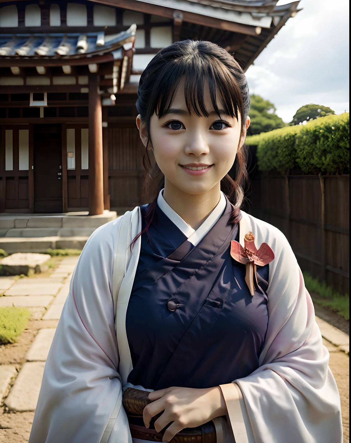 tsuyuridef, standing, upper body, smile, blush, outdoors, day, simple background, blue sky, sky, temple, looking at viewer, moody lighting, facing viewer,look at viewer