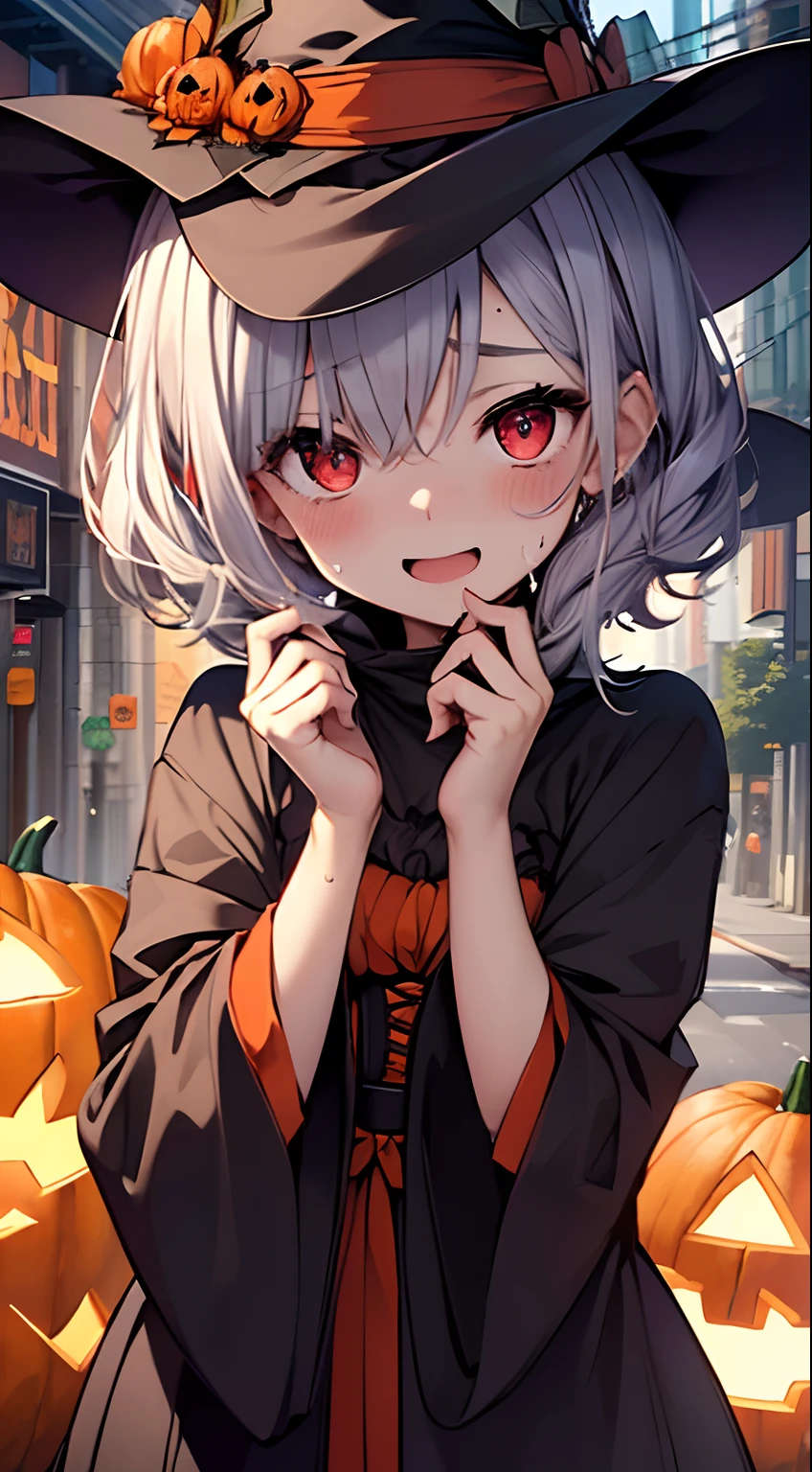 nsfw,top-quality、Top image quality、in 8K,4K,masterpiece、(NSFW:1.1)、ultra-detailliert、Beautiful、ultra-quality、cute little、girl with(((18year old、Halloween Costumes:1.5、the witch、Bust 78、silber hair、a short bob、Red Eyes、Skin shining with sweat、、erotick:1.4、Happiness)))、hiquality、visualart、Background with((Halloween:1.2))、masutepiece