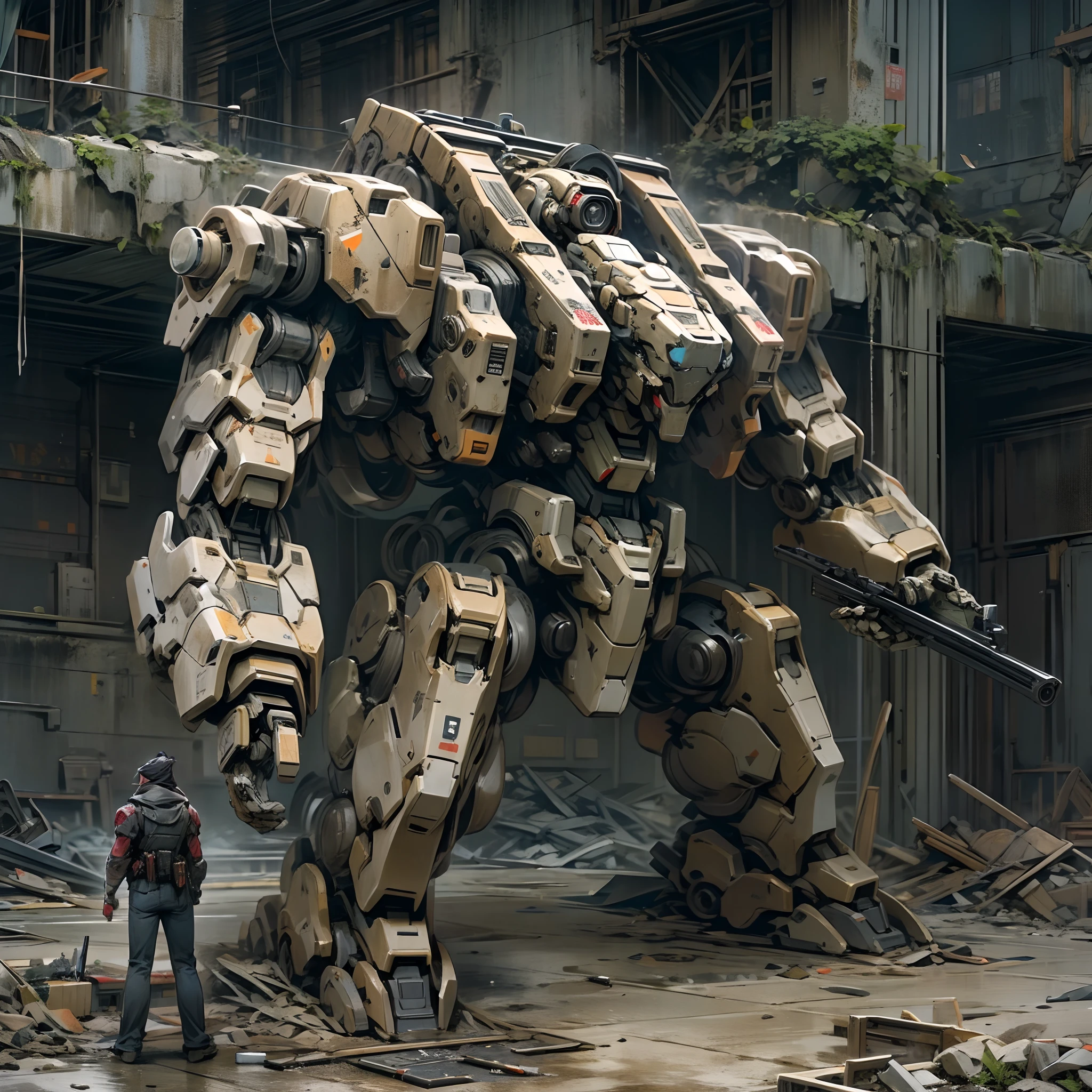 armored core style, huge robot, rifle, shooting, ruins,