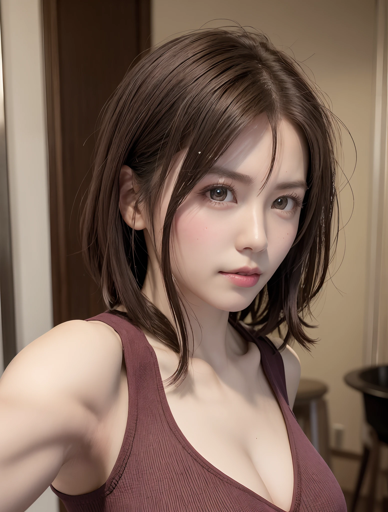 (8K, Photorealistic, Raw photo, of the highest quality: 1.3), (1girl in), Super beautiful, (Realistic face), (boyish, Silver Color Berry Shorthair), Beautiful , Glare that captivates the viewer, Beautiful expression, Beautiful breasts, (Realistic skin),