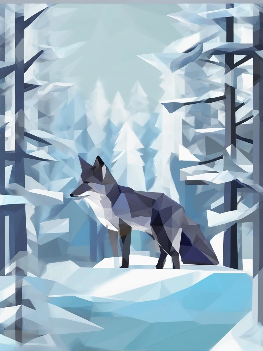 Silver fox in the winter forest, cool color,