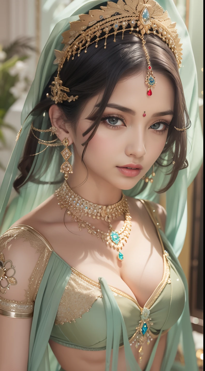 ultra realistic 8k cg, picture-perfect face, flawless, clean, masterpiece, professional artwork, famous artwork, cinematic lighting, cinematic bloom, perfect face, beautiful face, beautiful eyes, ((perfect female body, narrow waist)), black hair, perfect eyes, fair skin, gorgeous queen, royal, divine, goddess, (royal palace), fantasy, dreamlike, unreal, huge breasts, deep cleavage, beautiful clothes, sari, lace, lace trim, sfw, indian, very long hair, (rich:1.4), prestige, luxury, jewelry, intricate detail, delicate pattern, seductive, erotic, enchanting, hair ornament, necklace, earrings, bracelet, armlet