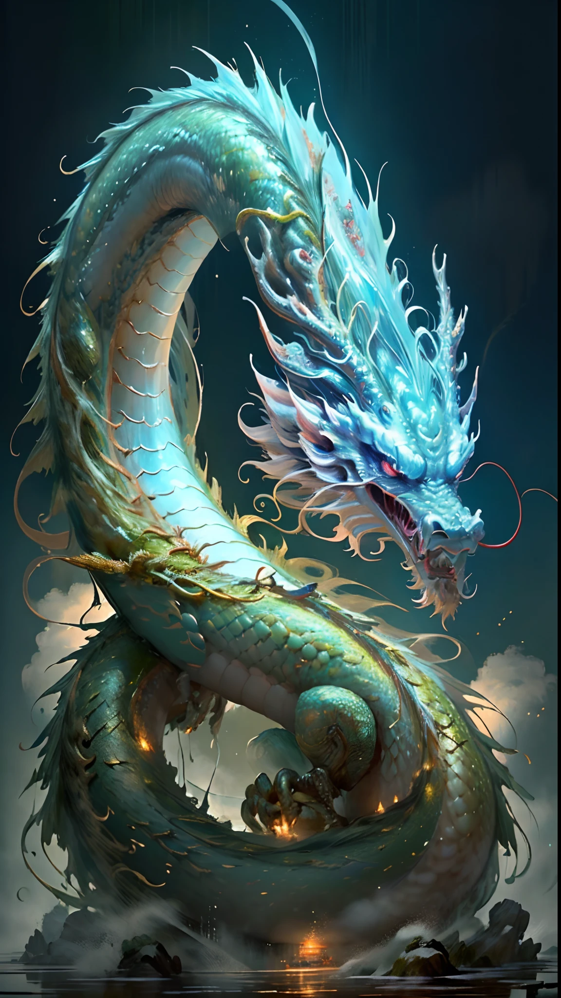 (Photo Raw, top-quality), (realist, realist: 1.1), NVIDIA RTX Ray Tracing, octan render, hight resolution, extremely delicate and beautiful, finely detailed, masterpiece, ultra-detailliert, Haute,Convoluted, Female Dragon God、Being in the swamp、Chinese goddess with long hair in ancient times、美丽的面容、A detailed face、perfectly proportions、Sharp Focus, bewitching、A sexy、Ancient Chinese God Costume、Clothes are white, beautiful Clothes, Raising arms、Luminescent green orb, Aura luminescence、Look at viewers, (Giant red Chinese Ron on background:1.2), (Dragon in the background: 1.4), Dragon with a scary face、云, stormy, swamp、splash water、stormy、Perfect composite, Fantasia, Convoluted, highly contrast, cinematic lightening、